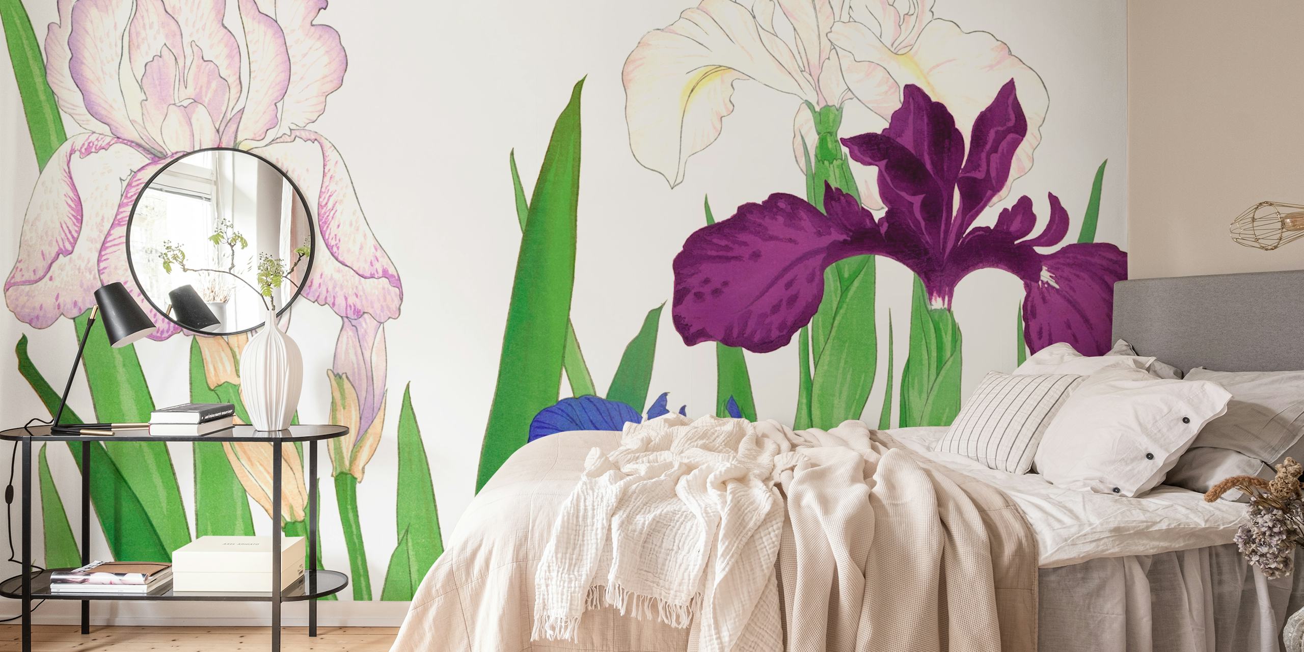 Japanese floral wallpaper with purple and blue irises, green leaves, botanical style