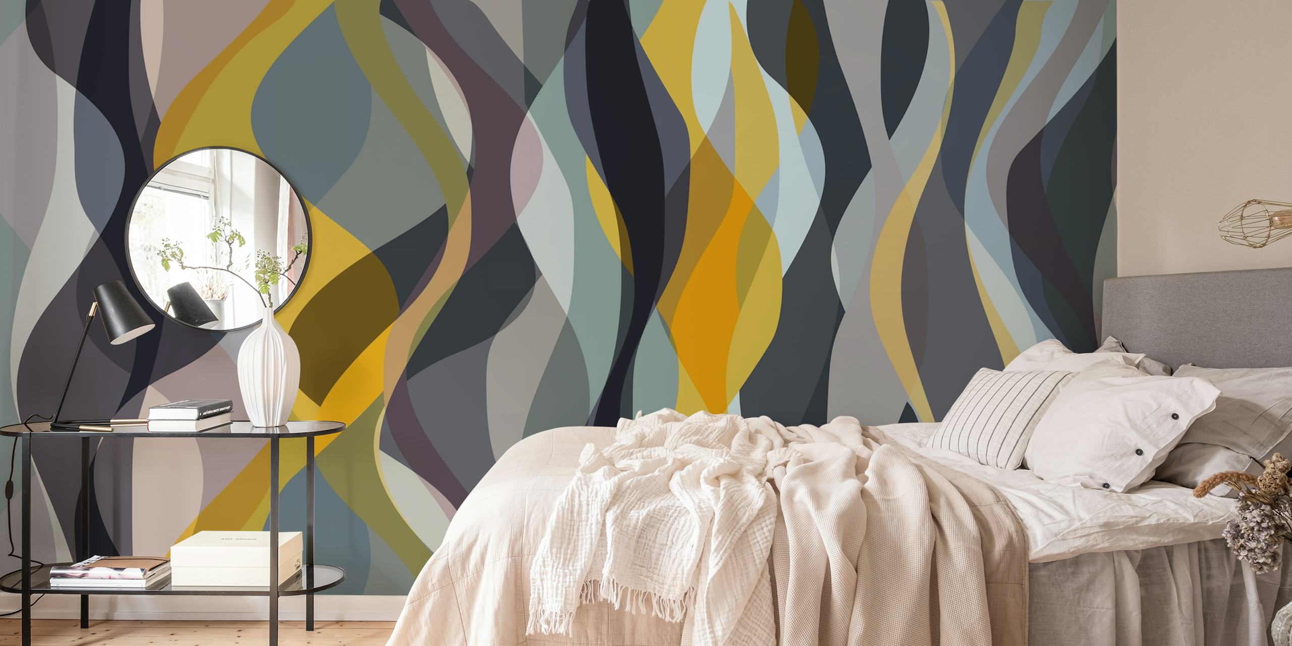 Wavy abstract pattern in gray, yellow, and blue wallpaper