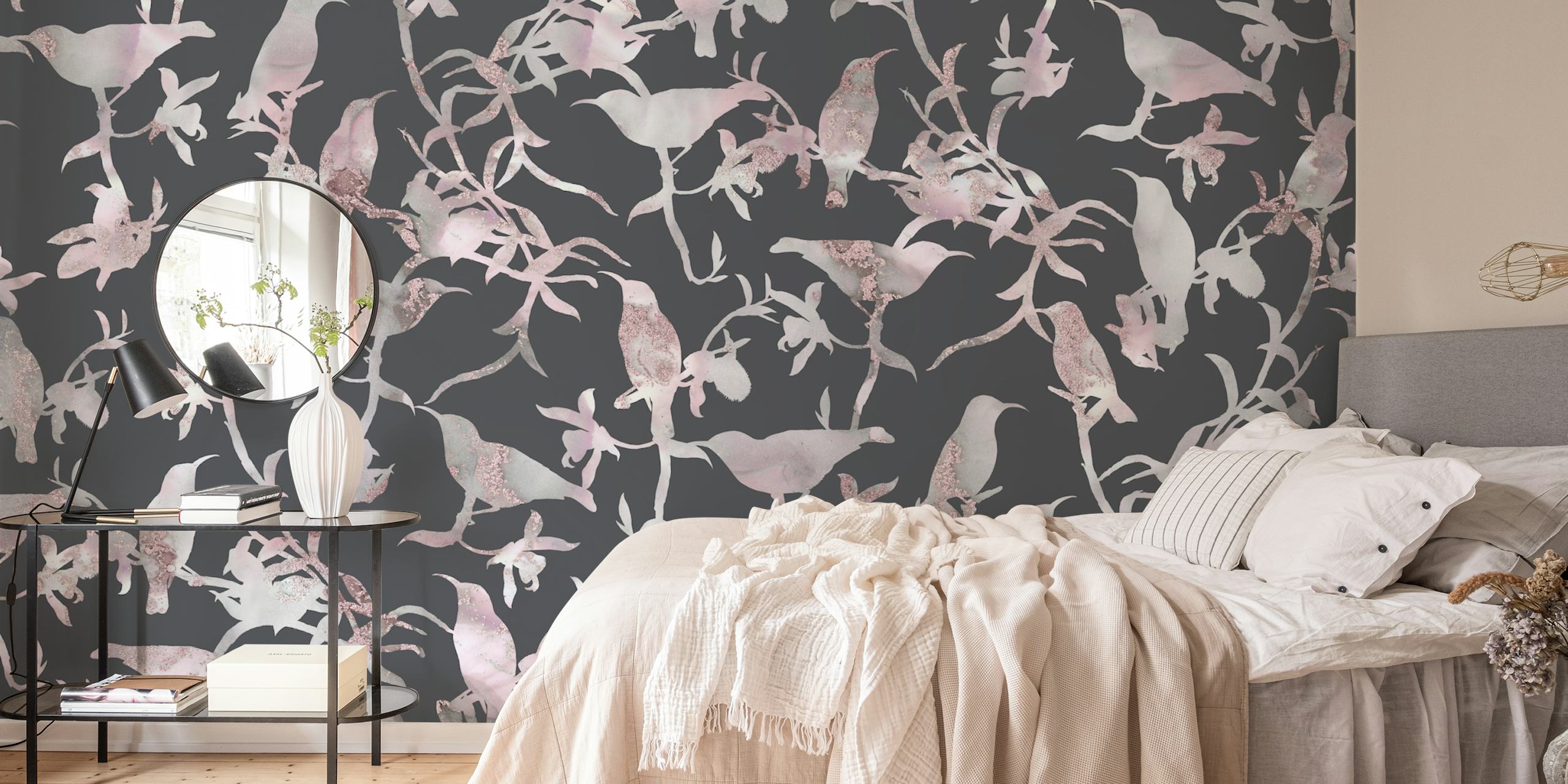 Hummingbirds and floral patterns in soft grey tones wallpaper
