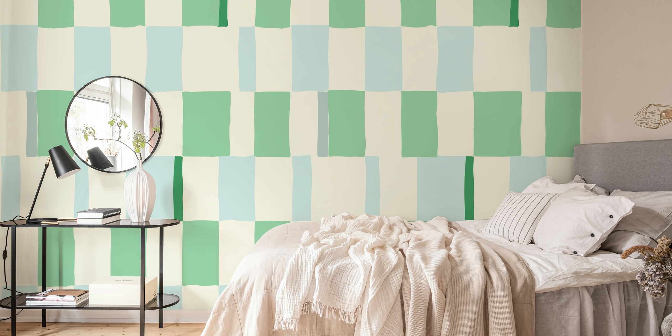 Summer check handdrawn mint wallpaper in a room