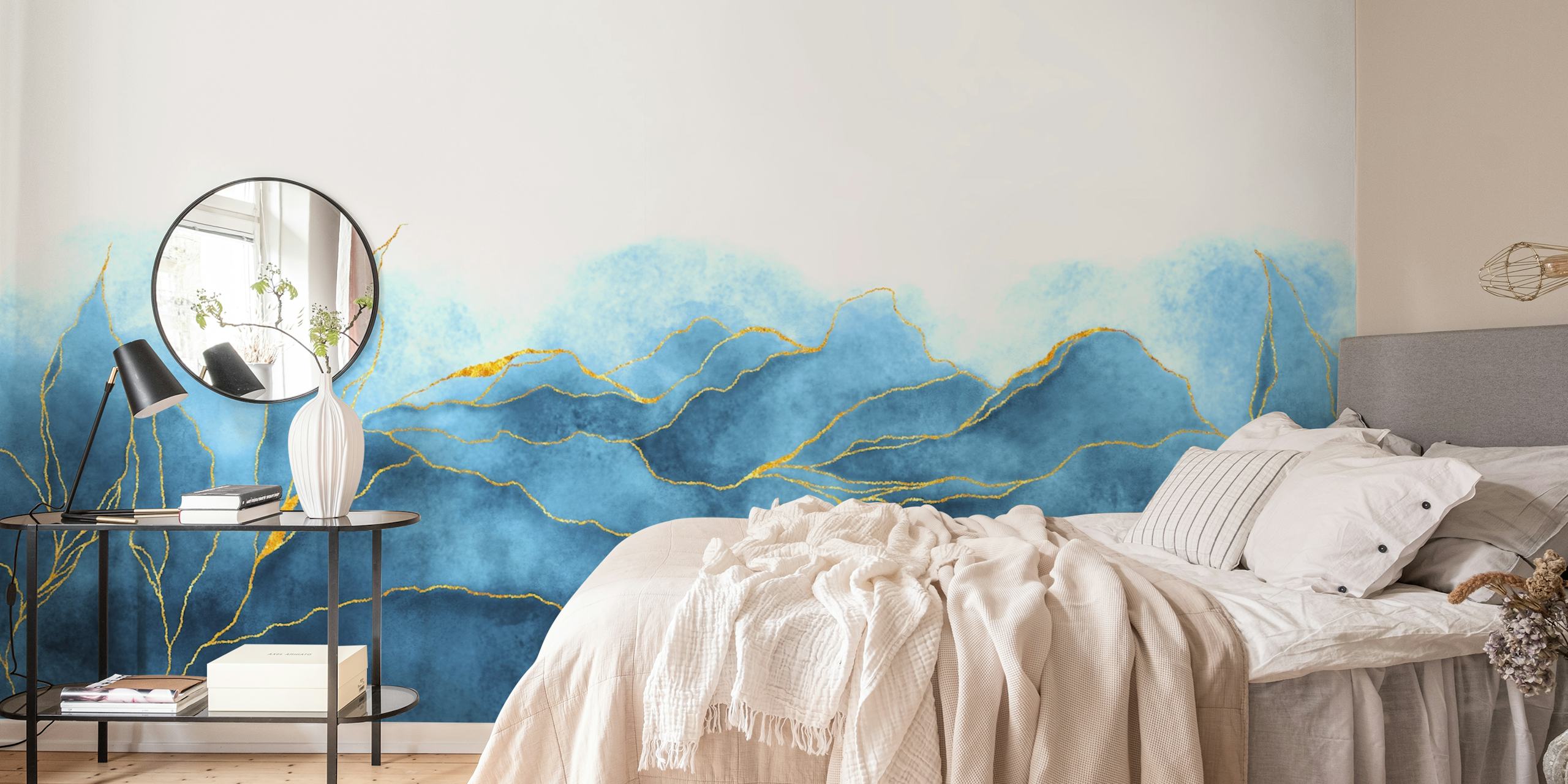 Watercolor blue abstract patterns with dark foliage wallpaper