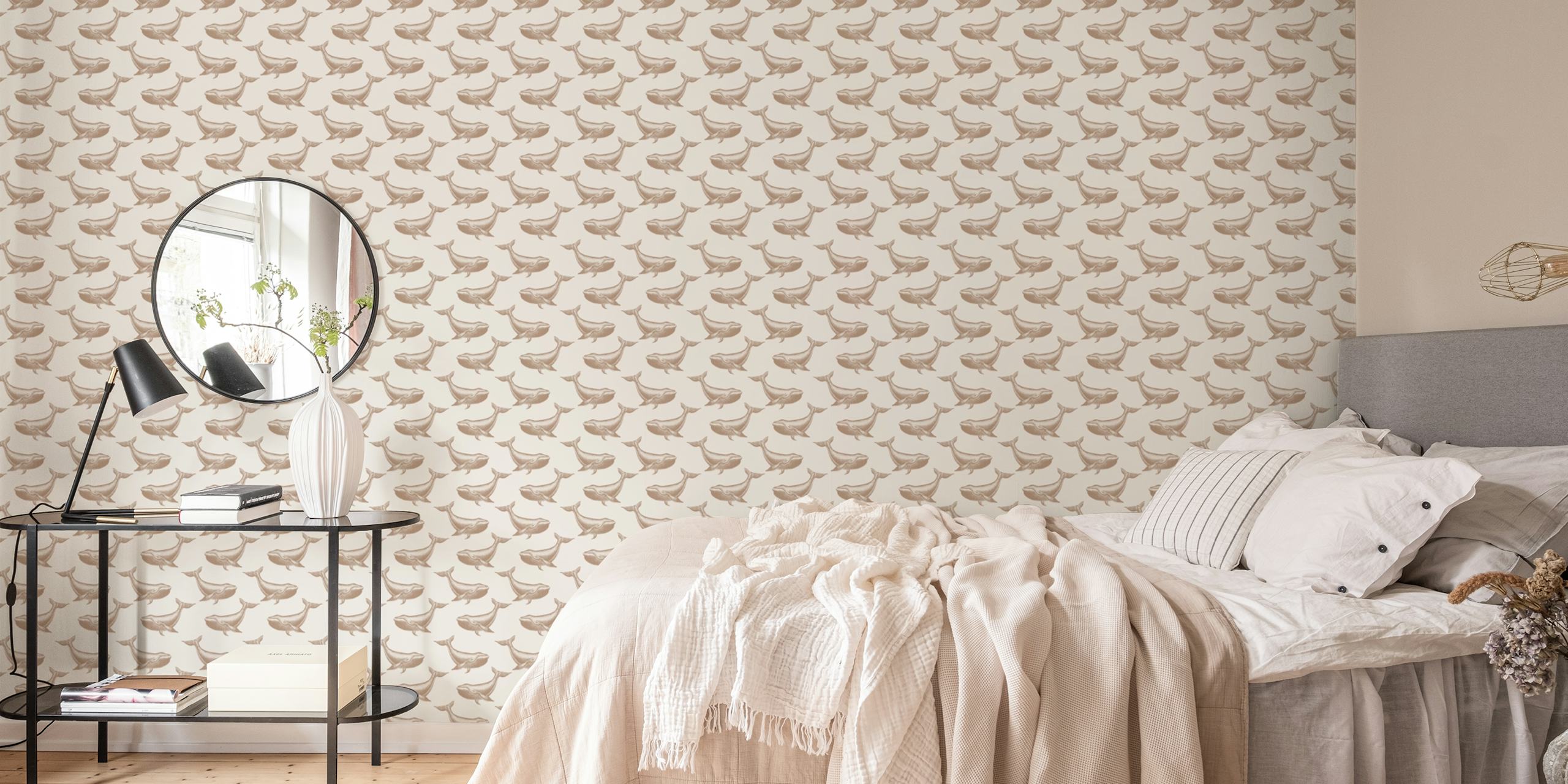 Beige wallpaper featuring vintage whale pattern in soft hues