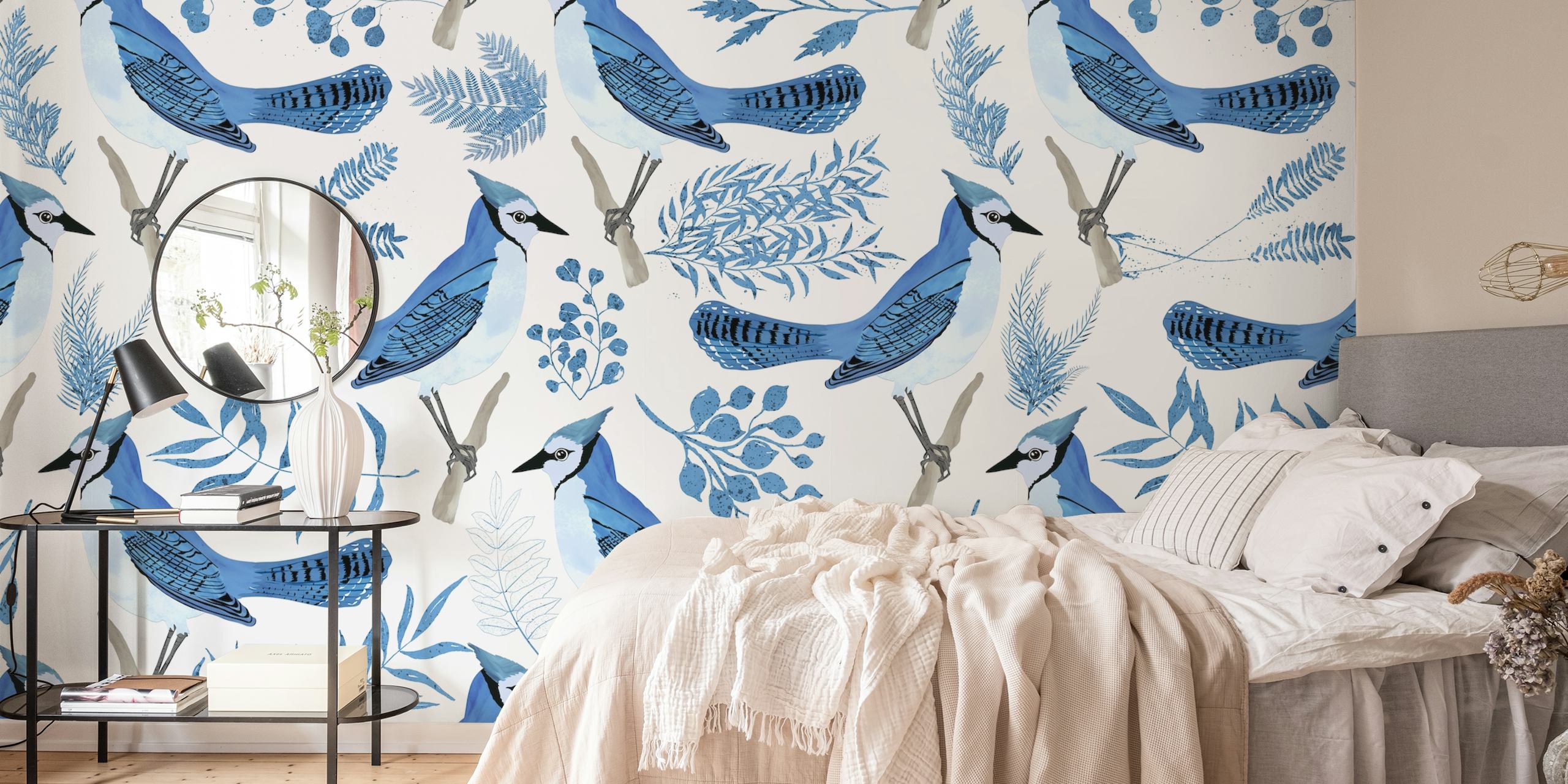 Blue Jay birds and foliage pattern in blue on white wallpaper