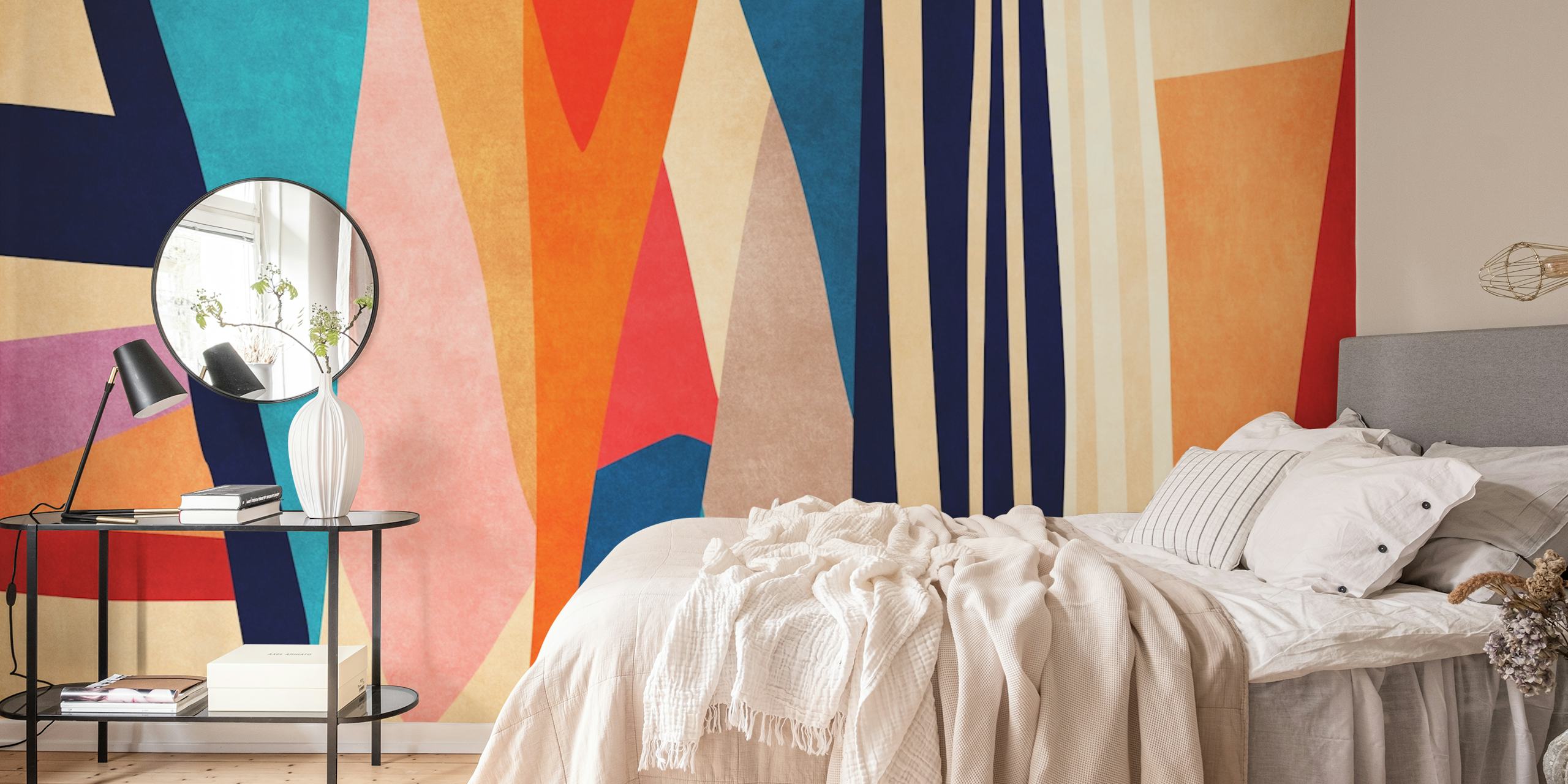 Colorful abstract geometric shapes in red, blue, and gold wallpaper