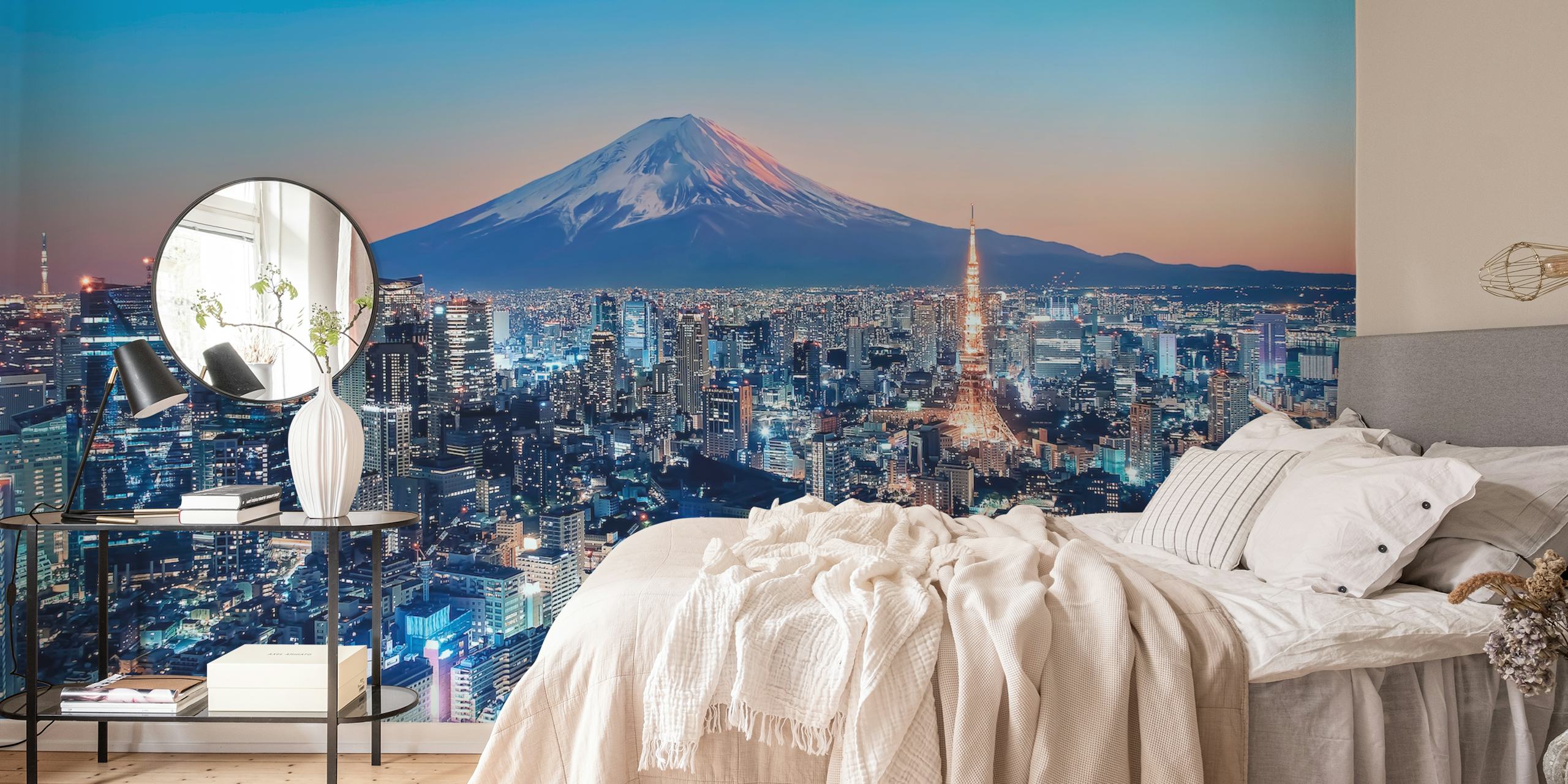 Tokyo skyline hämärässä vuori Fujin kanssa