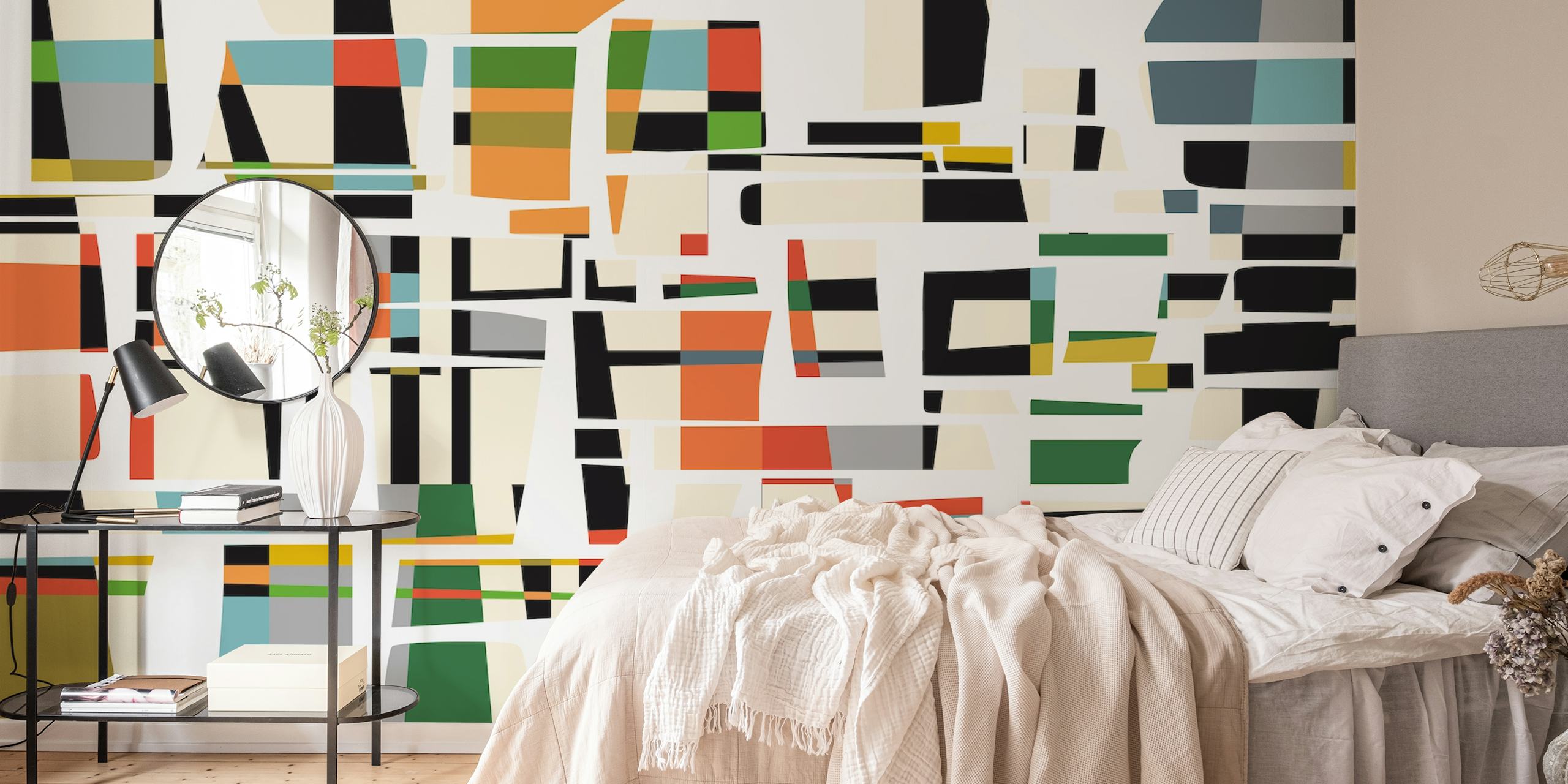 Colorful geometric shapes in various colors on a neutral background wallpaper