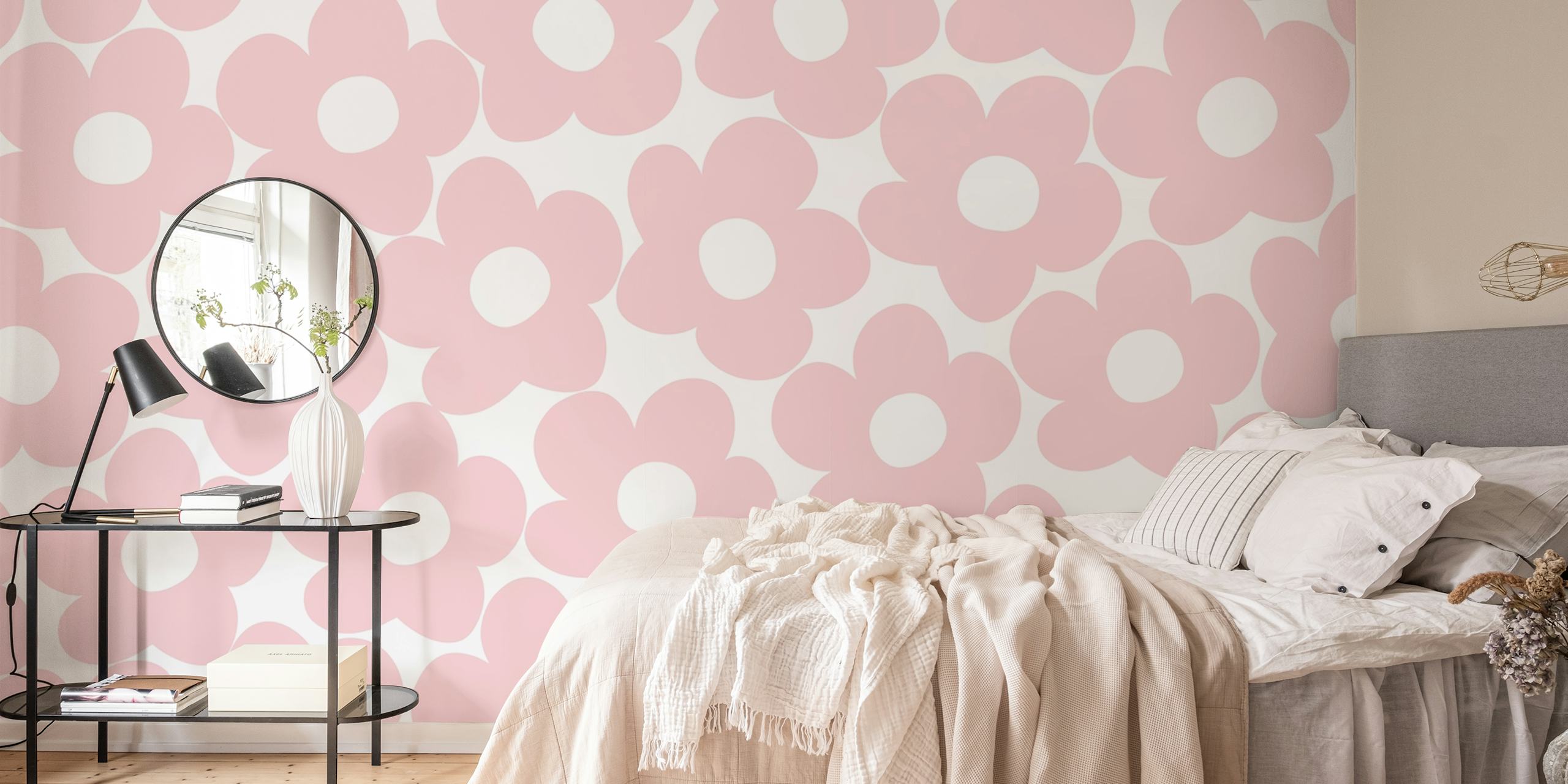 Blush pink retro daisies pattern wallpaper