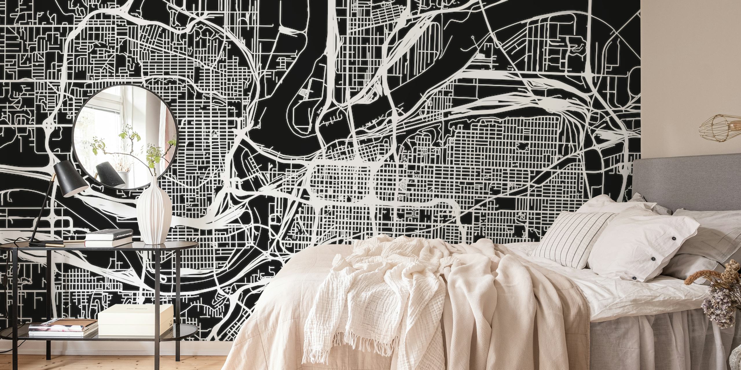 Monochrome Kansas map wall mural showing detailed street layout