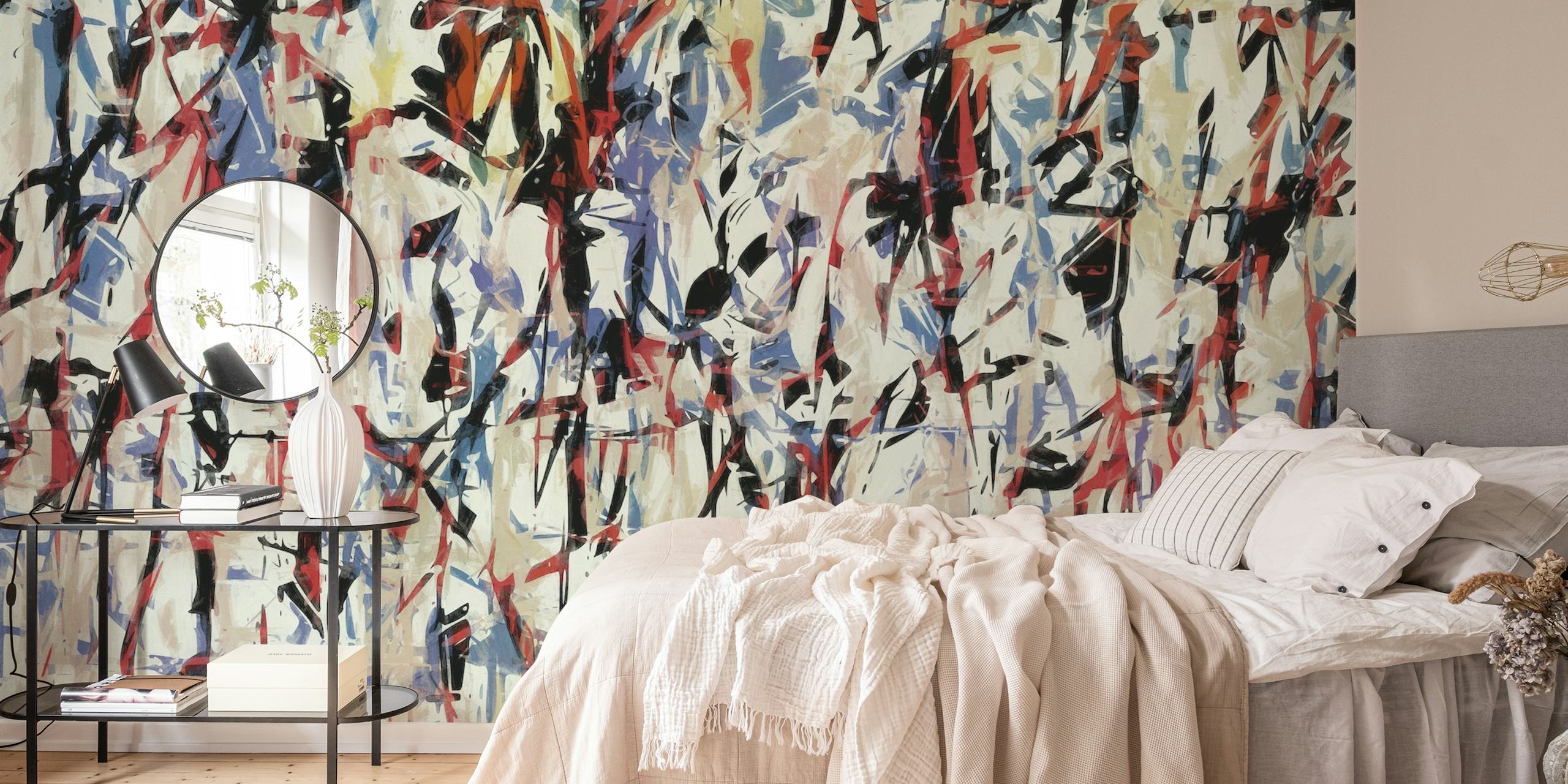 Abstract expressionist Pollock-style wall mural with vibrant splashes and strokes