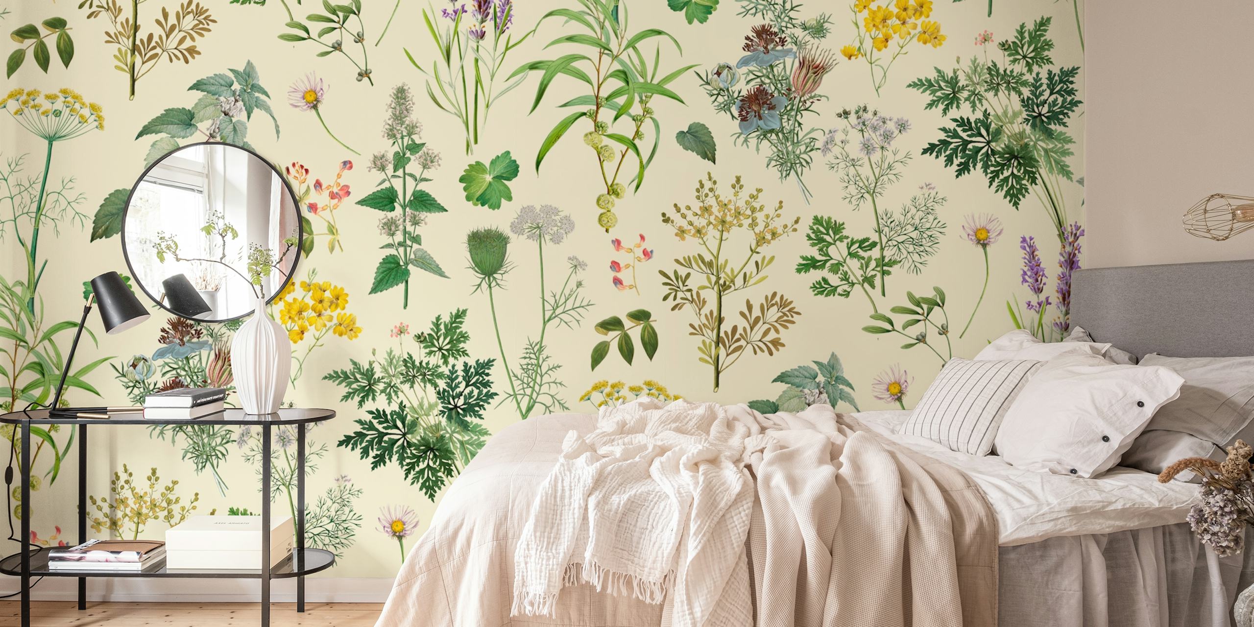Floral herb garden design in pastel colors. Botanical wallpaper.