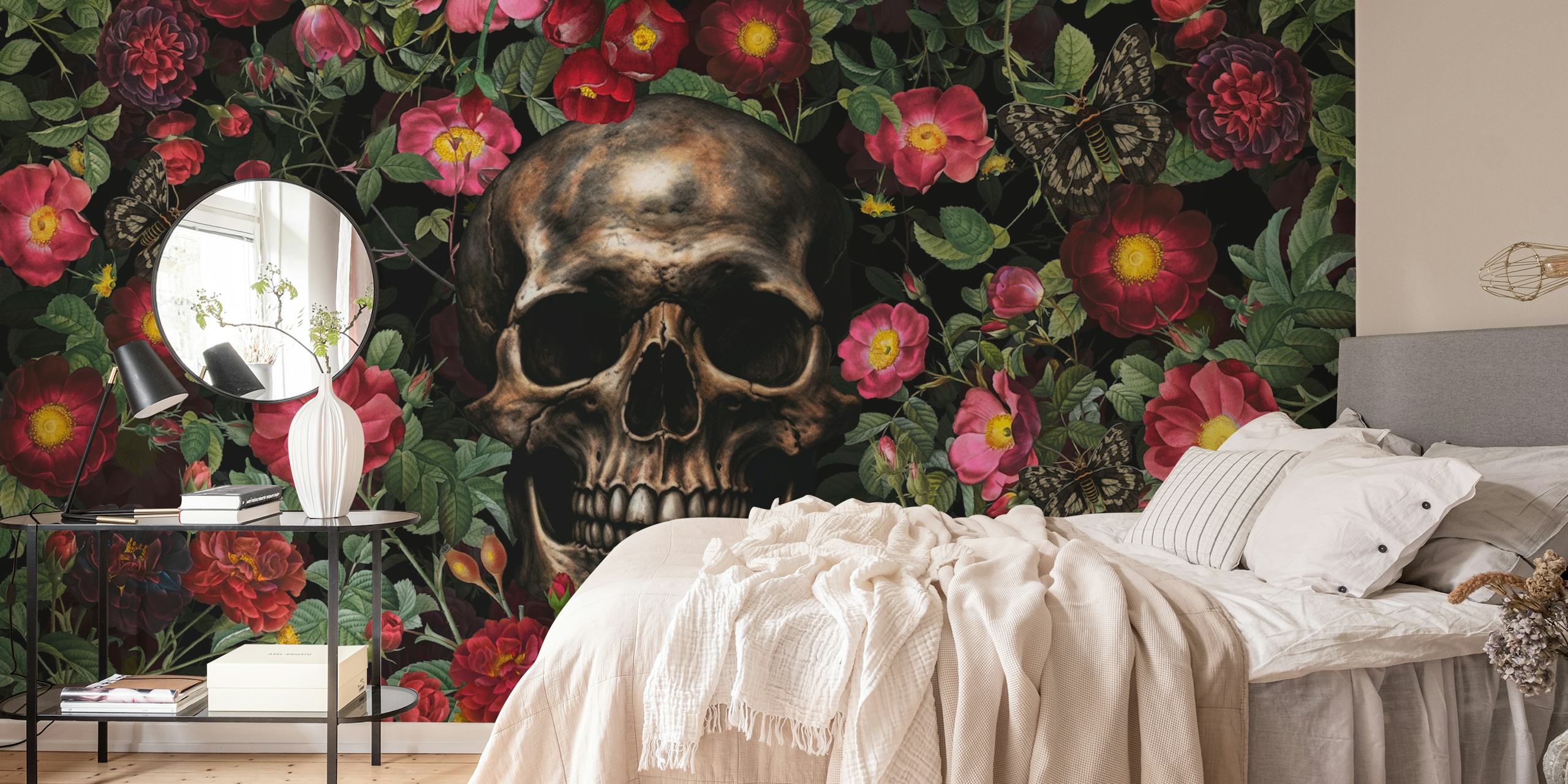 Baroque skull and roses wallpaper design in a room