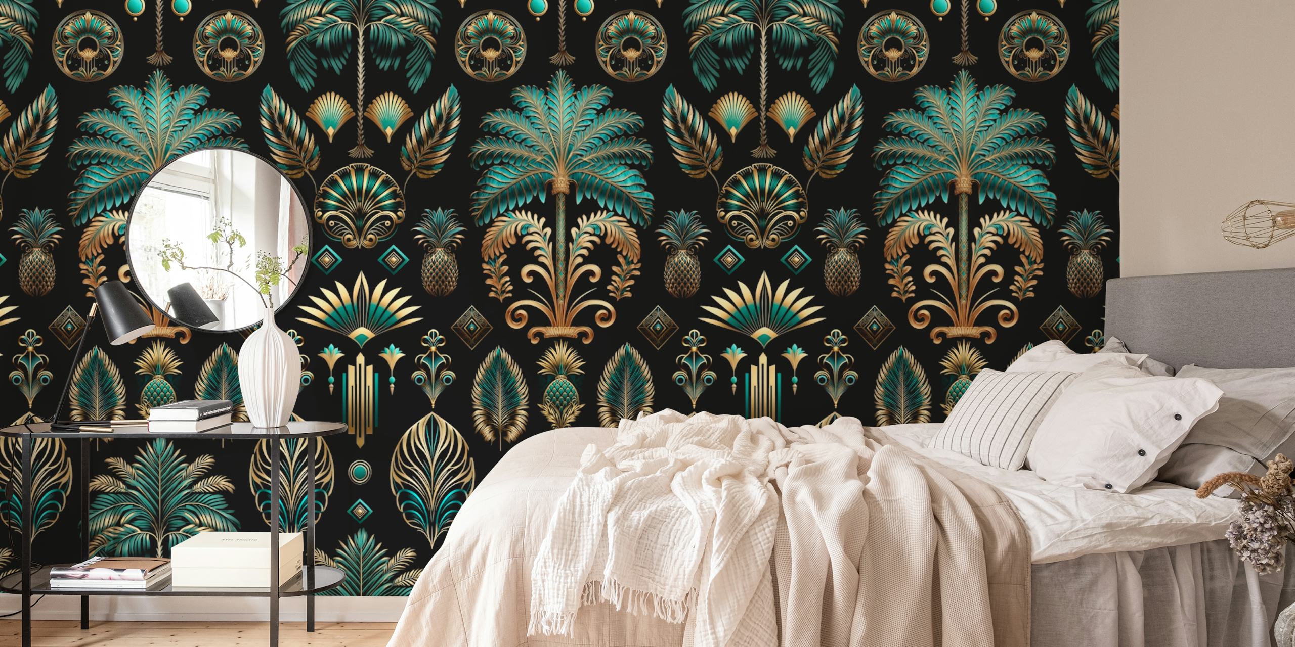 Exquisite Art Deco Palm Trees carta da parati in una stanza elegante