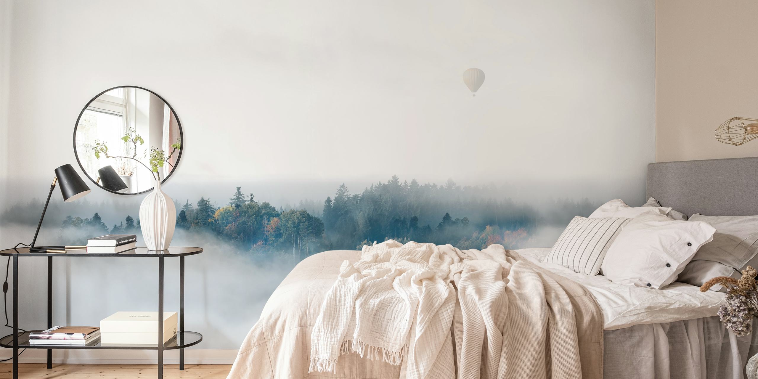 Misty landscape with trees and a hot air balloon, grey tones wallpaper