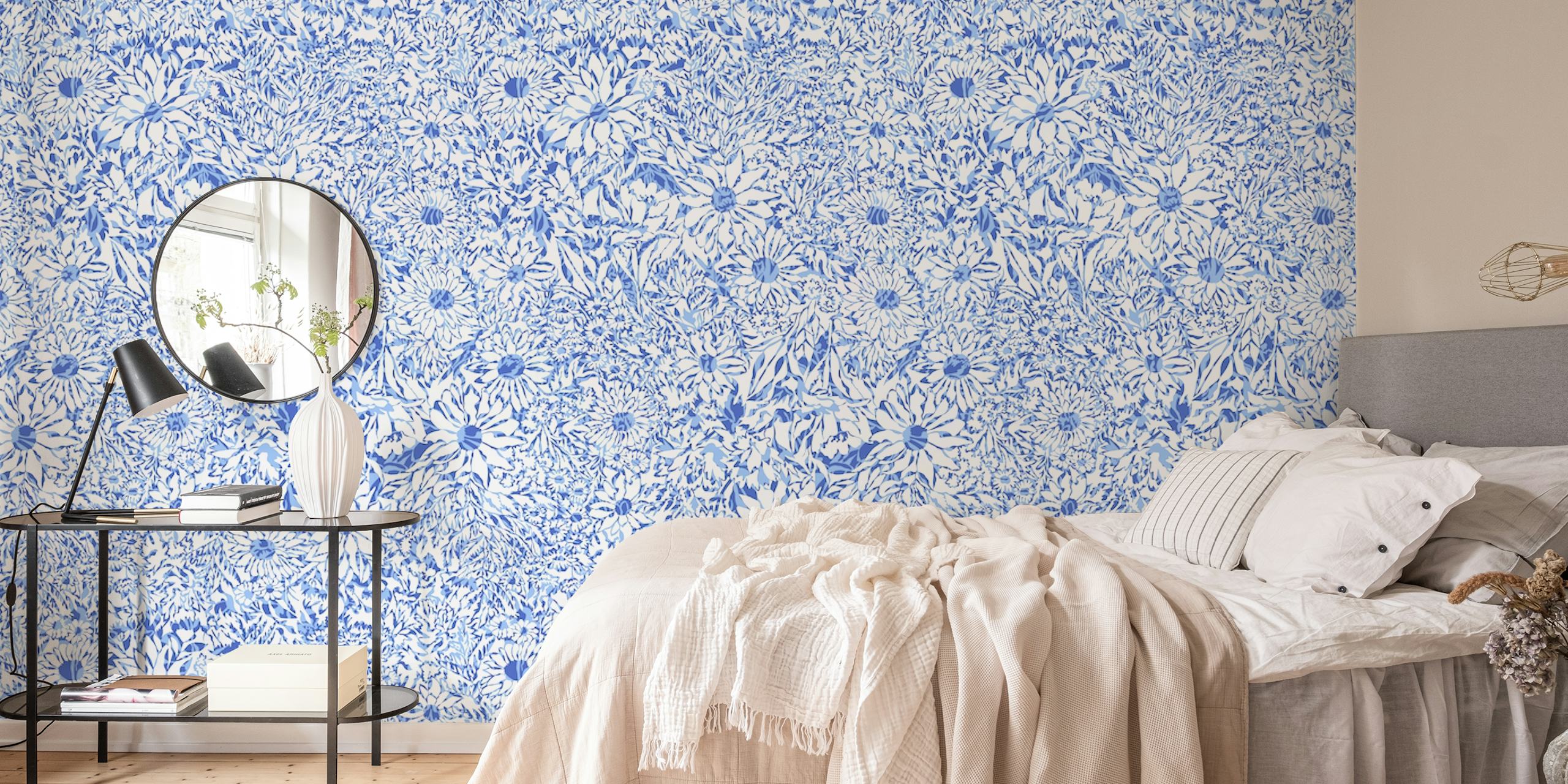 Floral patterns in blue with white background wallpaper