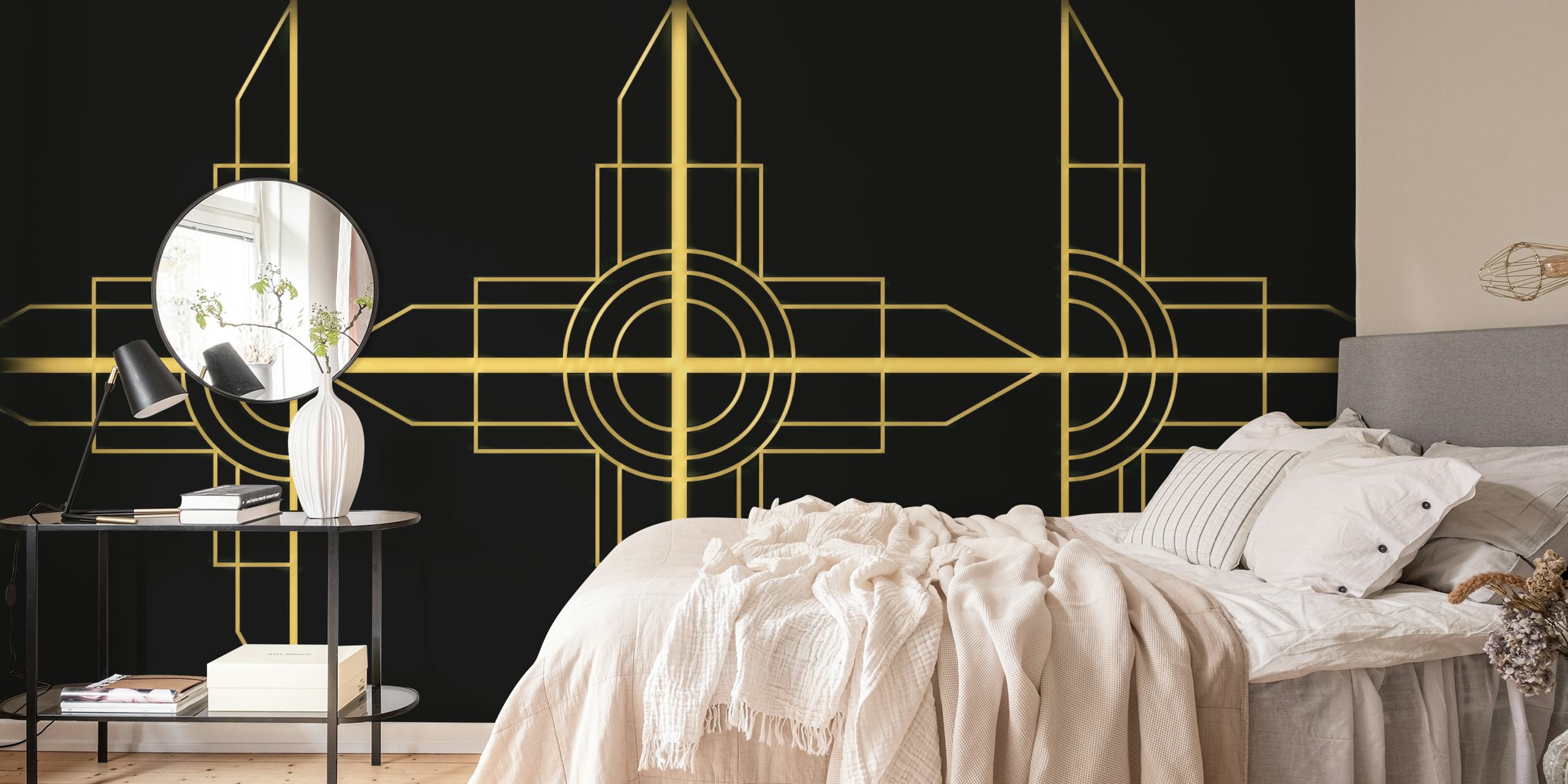 Gold geometric patterns on a black background wallpaper
