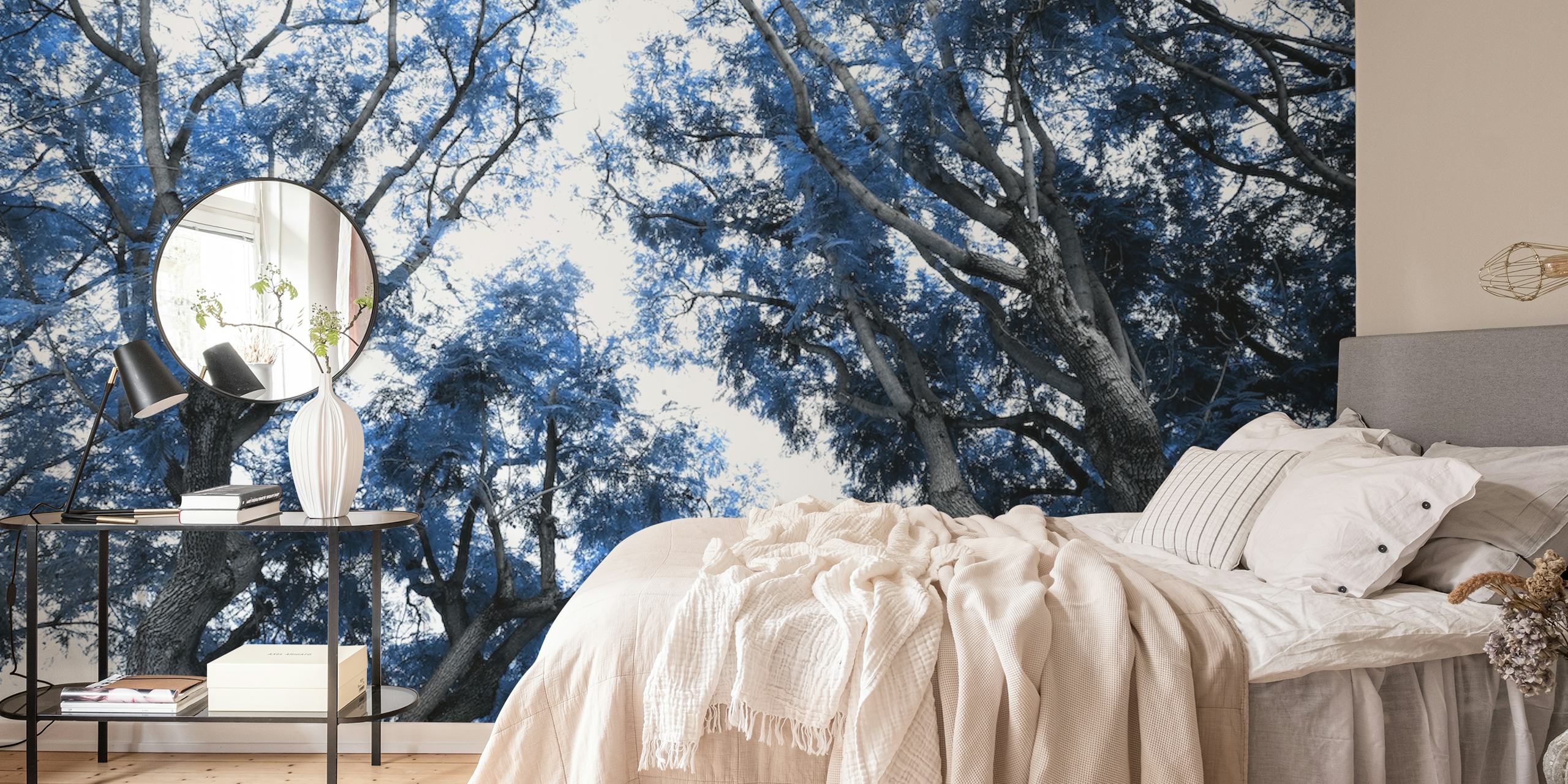 Granatowo-srebrny projekt fototapety z sylwetką drzewa