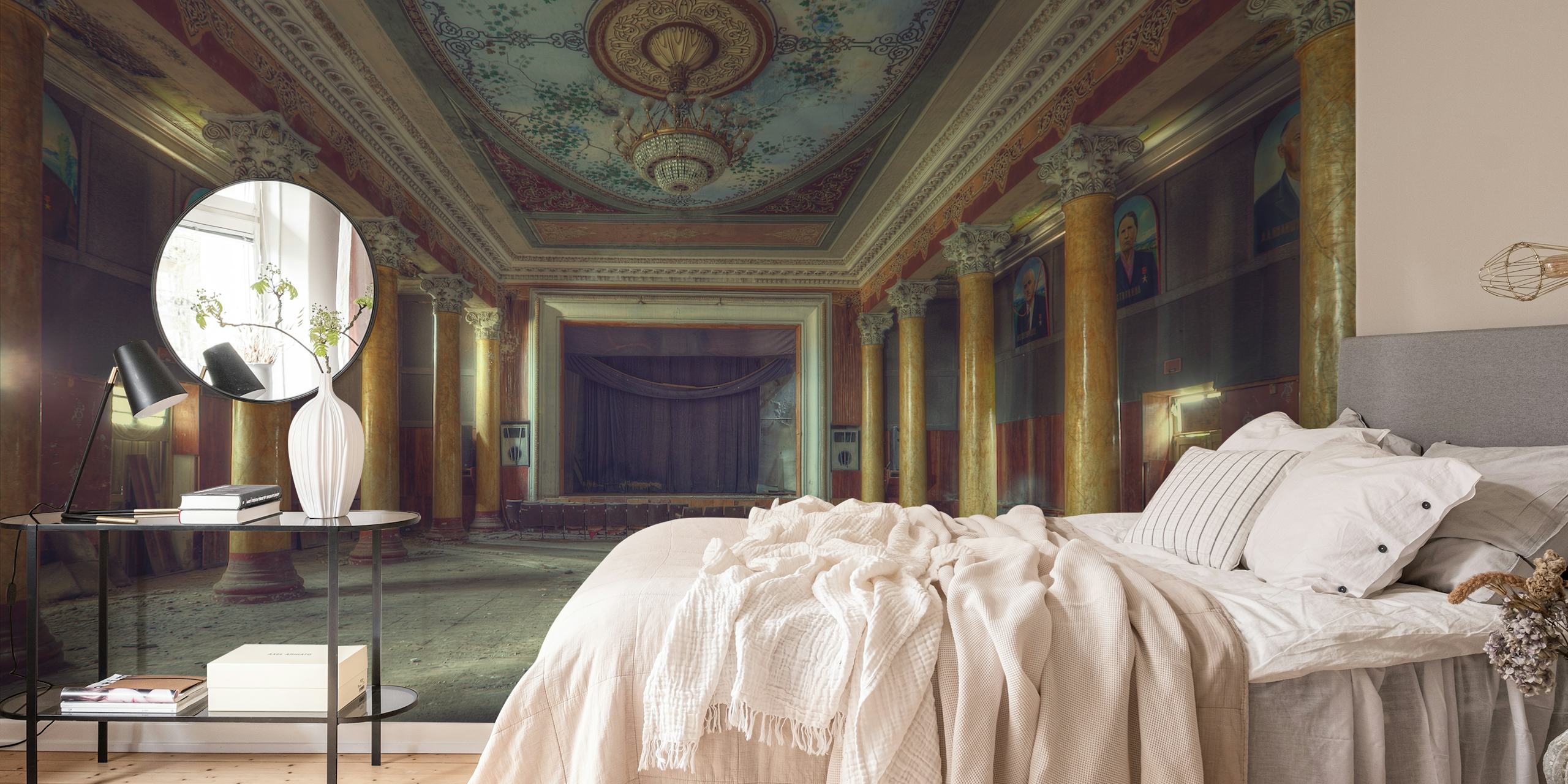 Vintage-style wall mural of an abandoned grand hall with ornate architectural details