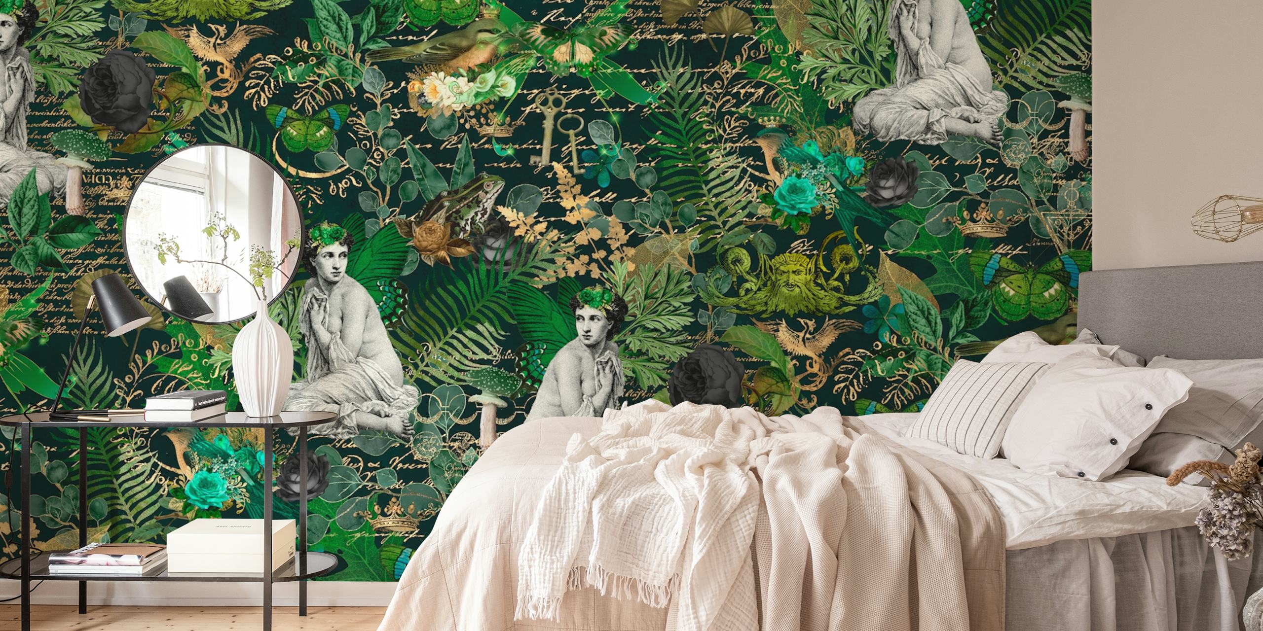 Mystic Mythology Forest Green veggmaleri med mytiske figurer og frodig løvverk.