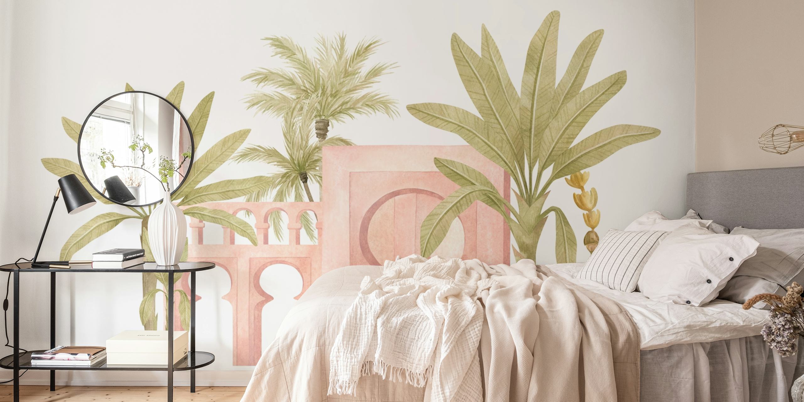 Pink arches and palm trees with green leaves wall mural