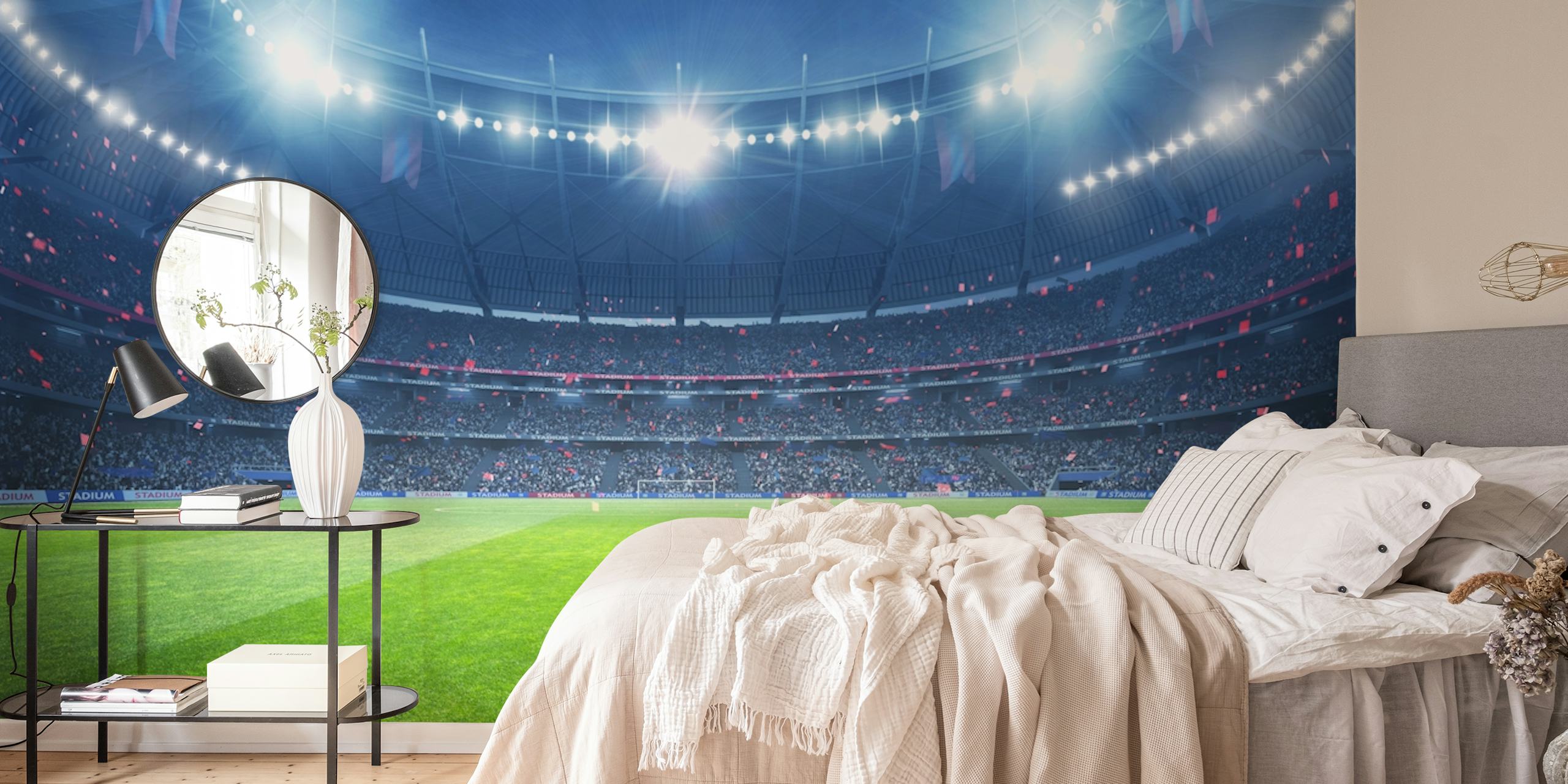 Football stadium grass field illuminated at night wallpaper