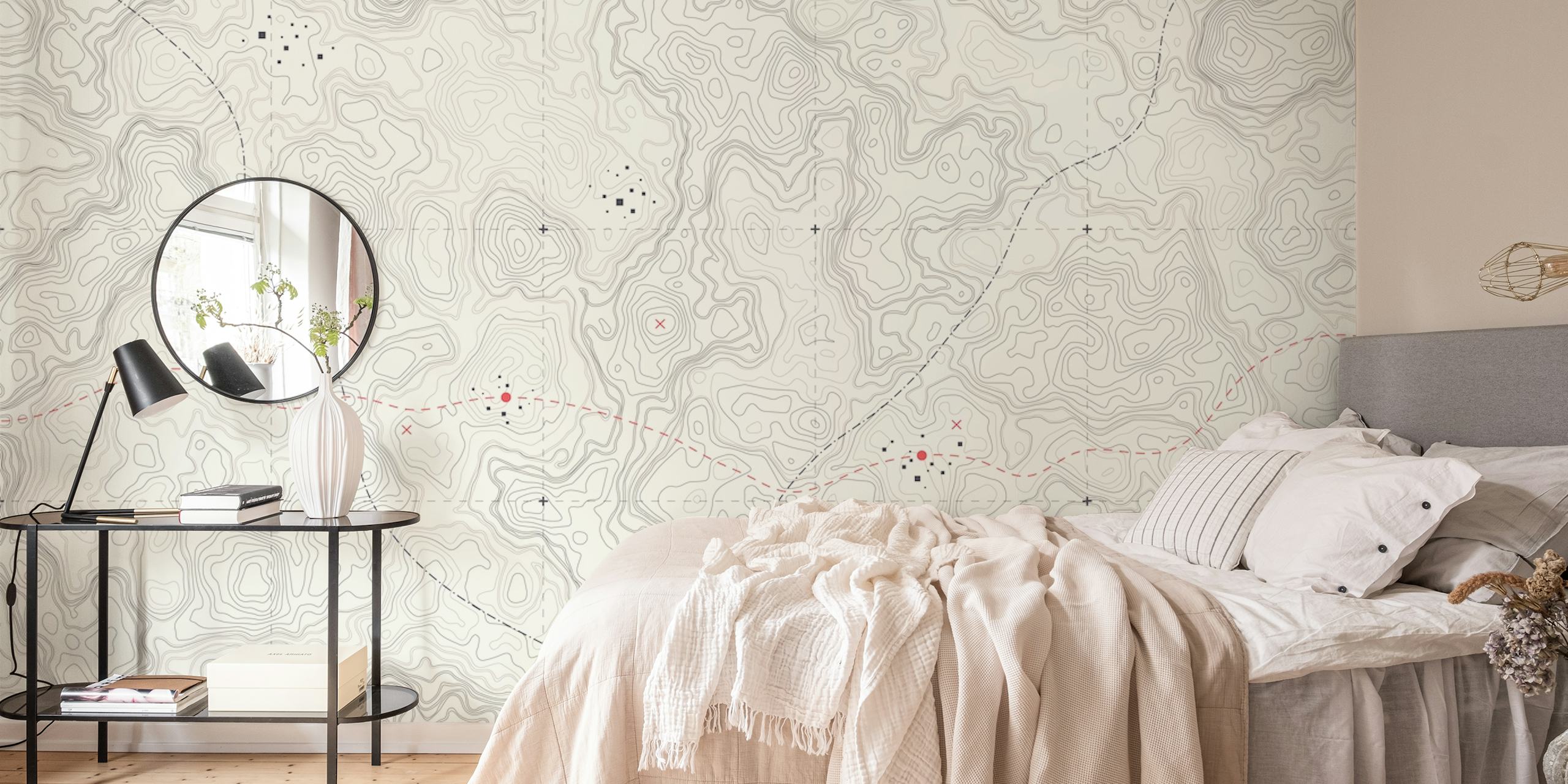 Topographic vintage map in beige, gray, and red wallpaper
