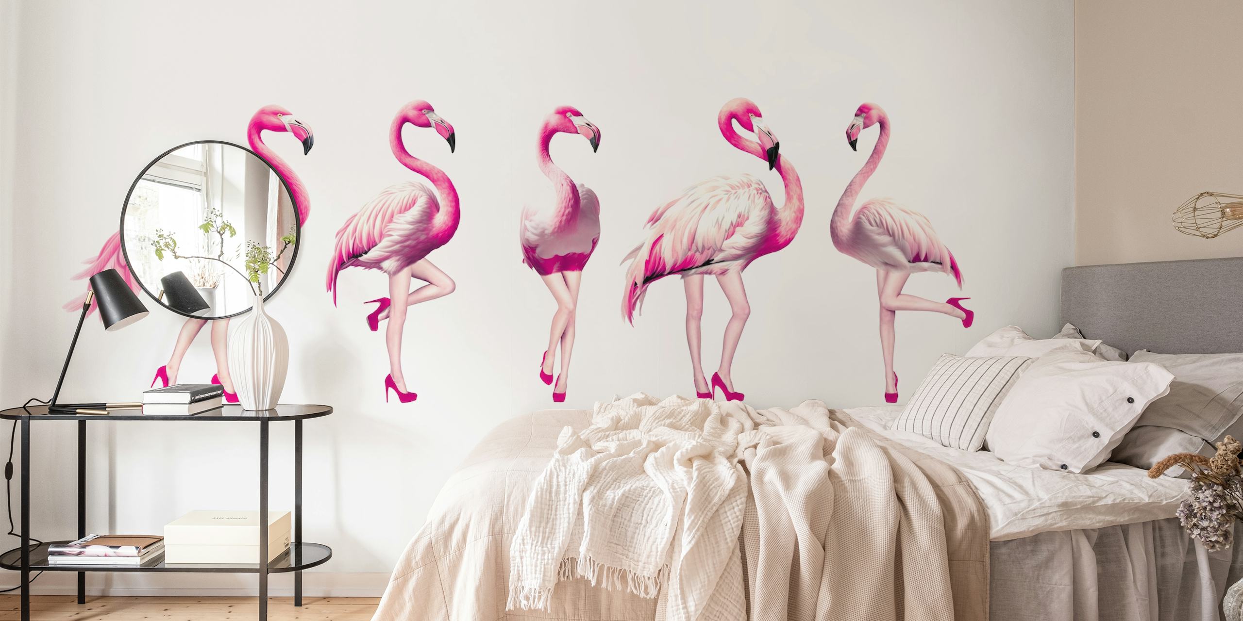Cheeky flamingos wallpaper in a stylish room