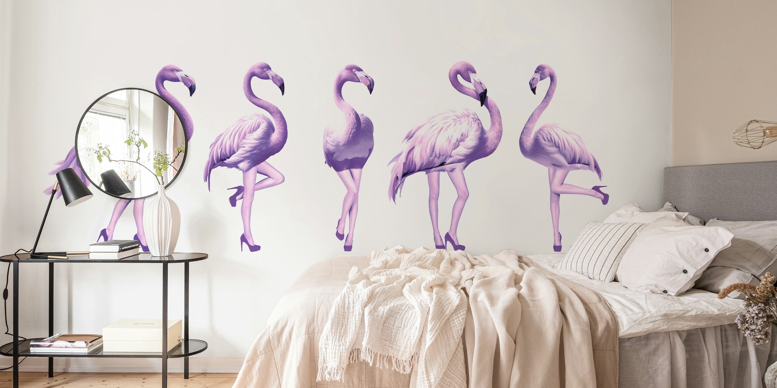 Five purple flamingos in dynamic poses on a white background wallpaper