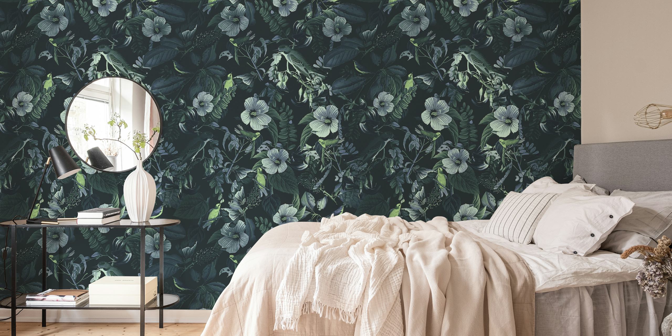 Moody floral bird wall mural with intricate botanical details