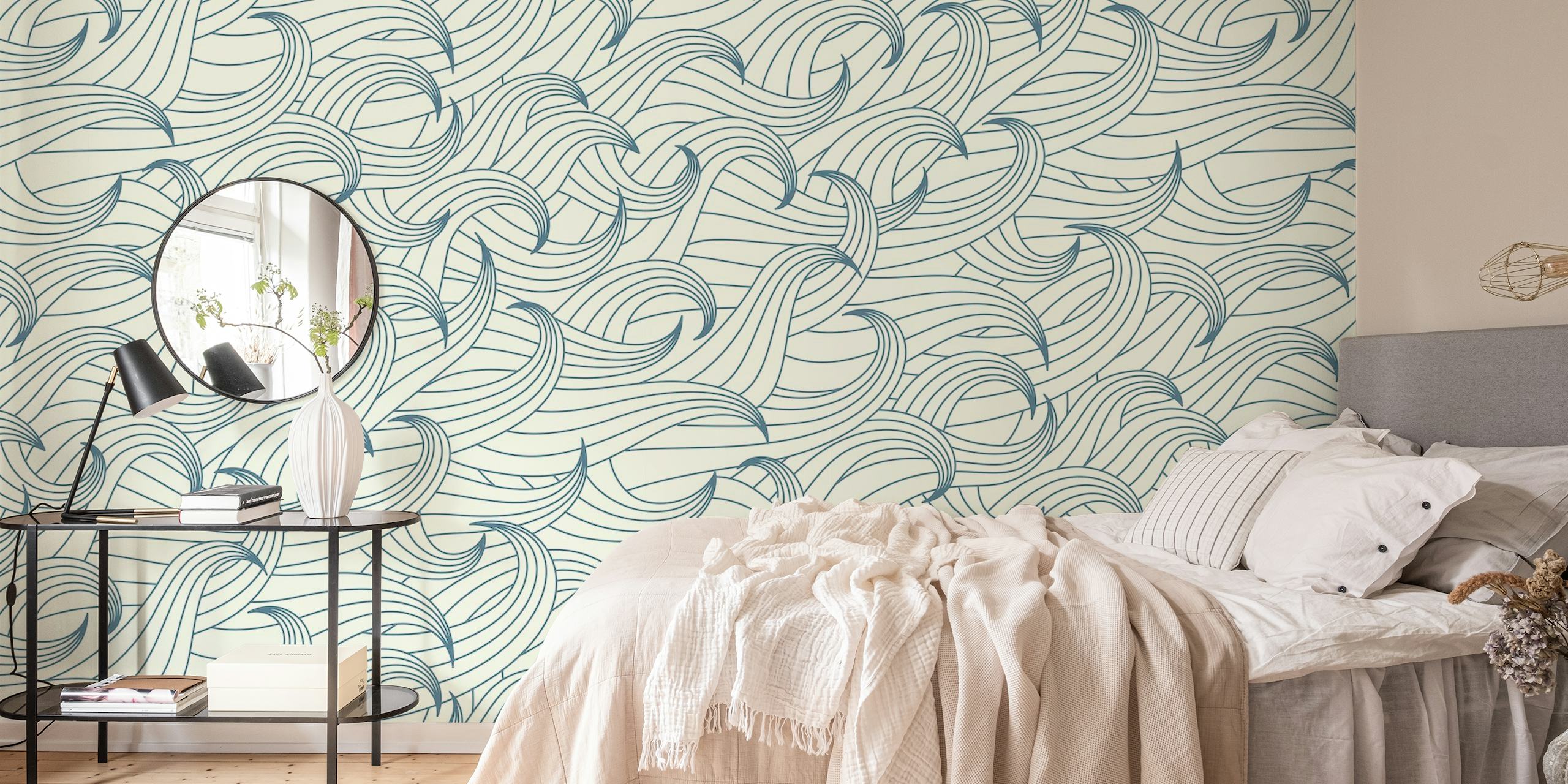 Waves coastal chic offwhite blue wallpaper