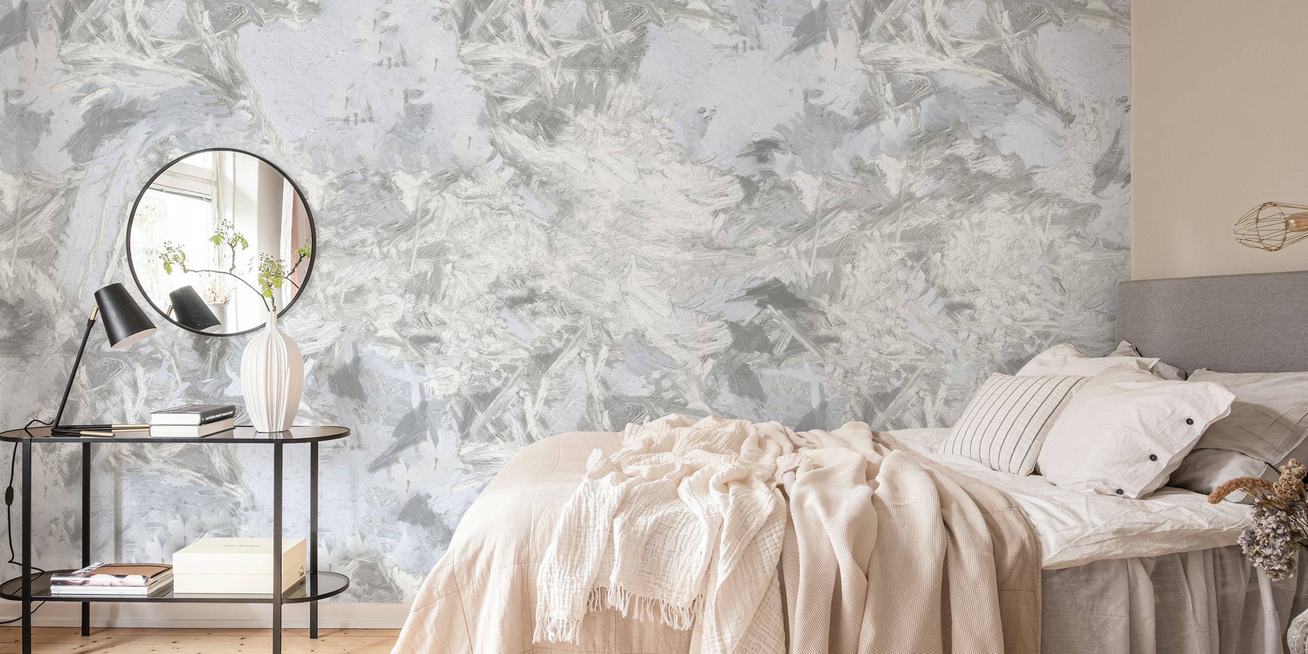 Papier peint mural abstrait de style nordique avec des textures grises douces et un design serein