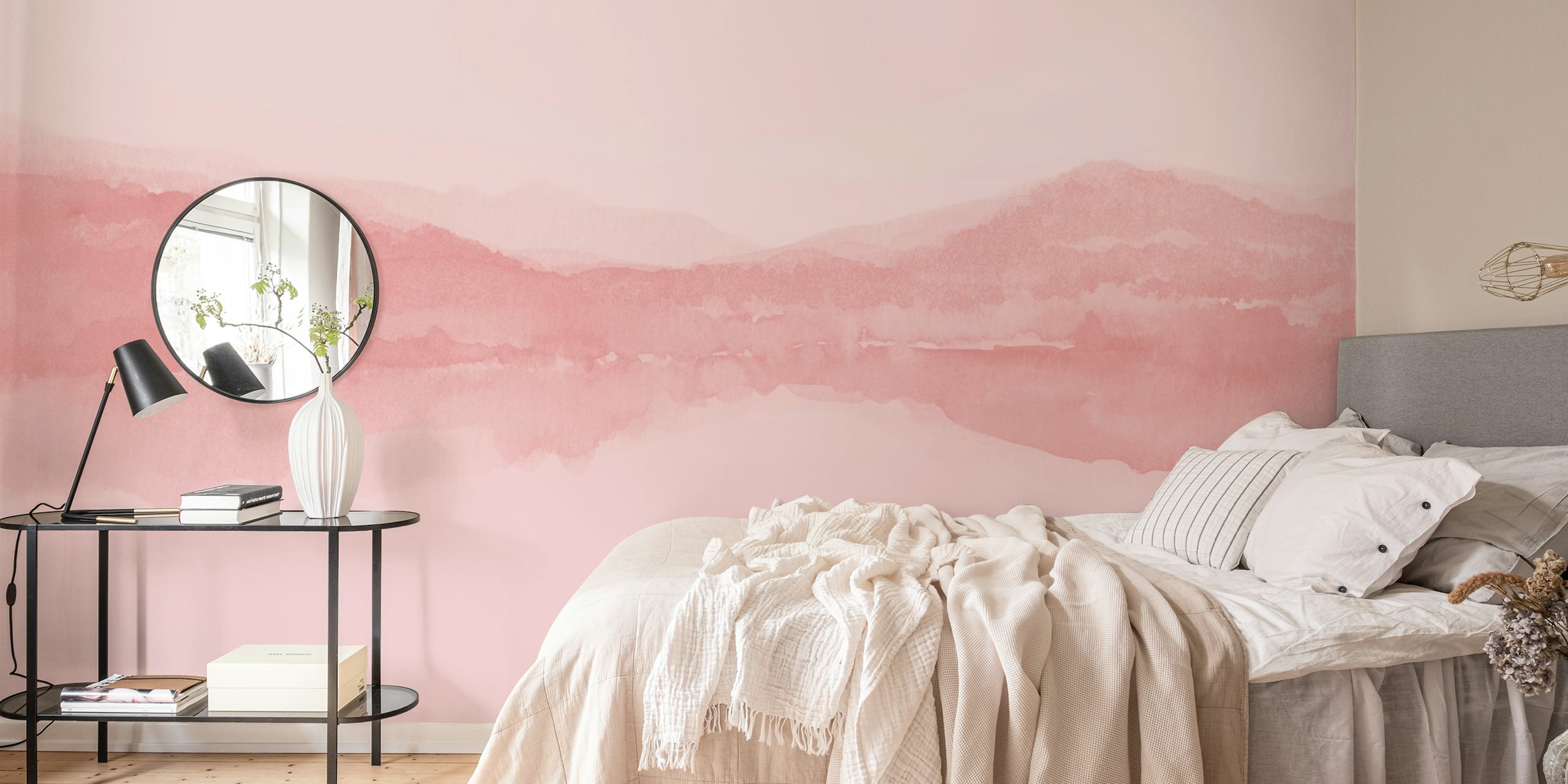 Fotomurais paisagistícos em aquarela rosa sutil para decoração de interiores
