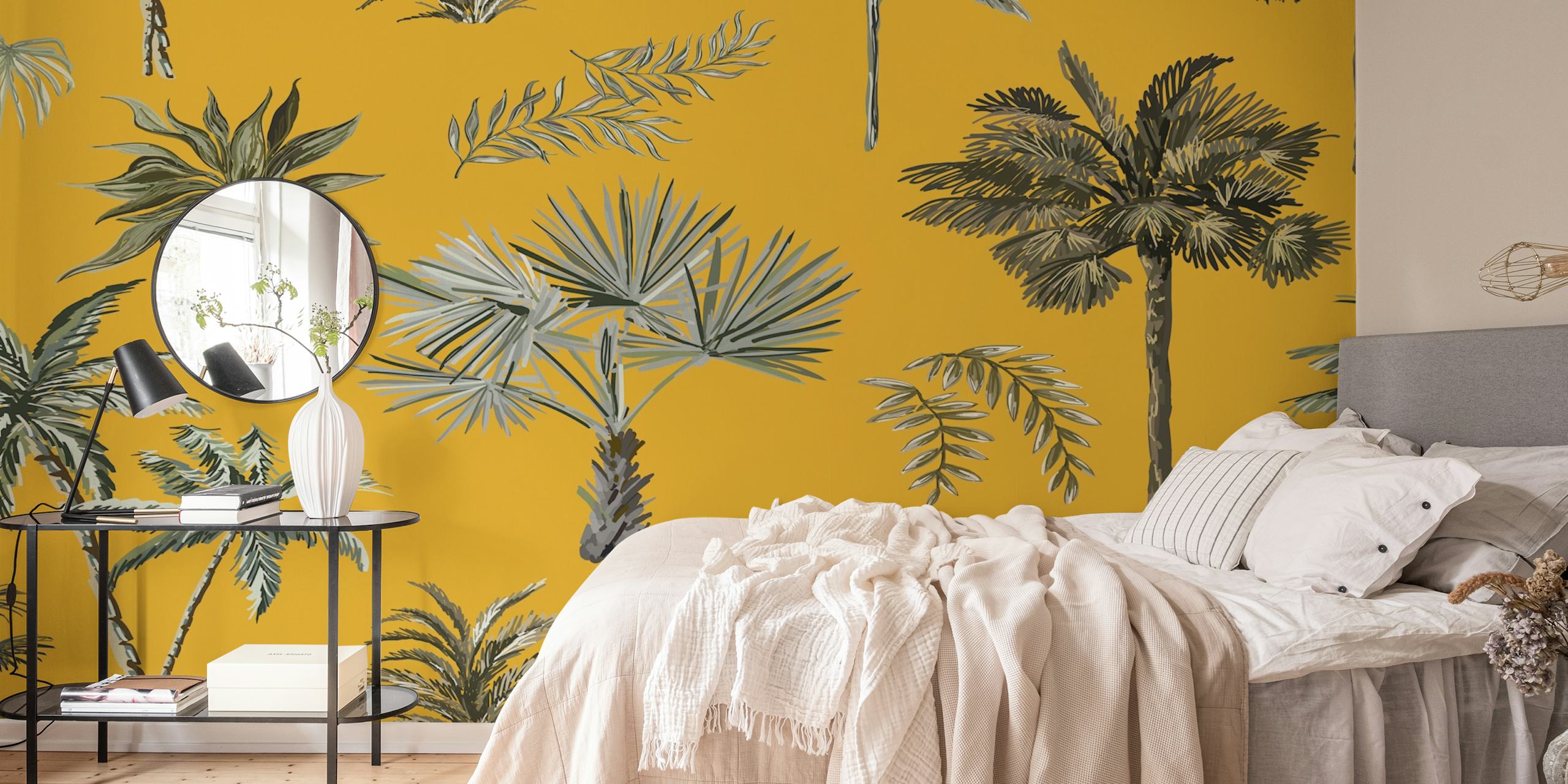 Tropical palm leaves in green and gray tones on yellow wallpaper