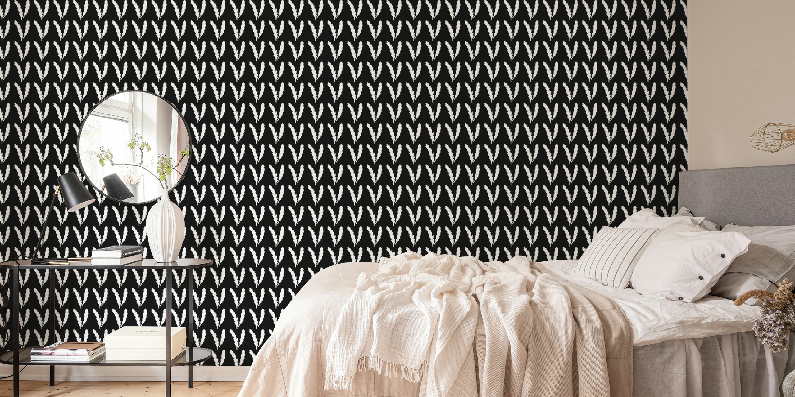 White leaf pattern on black background wallpaper