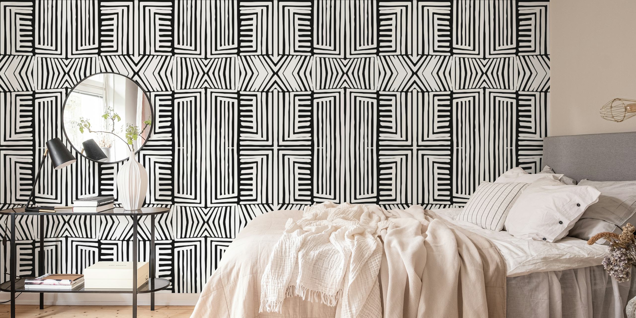 Black and white geometric patterns on wallpaper