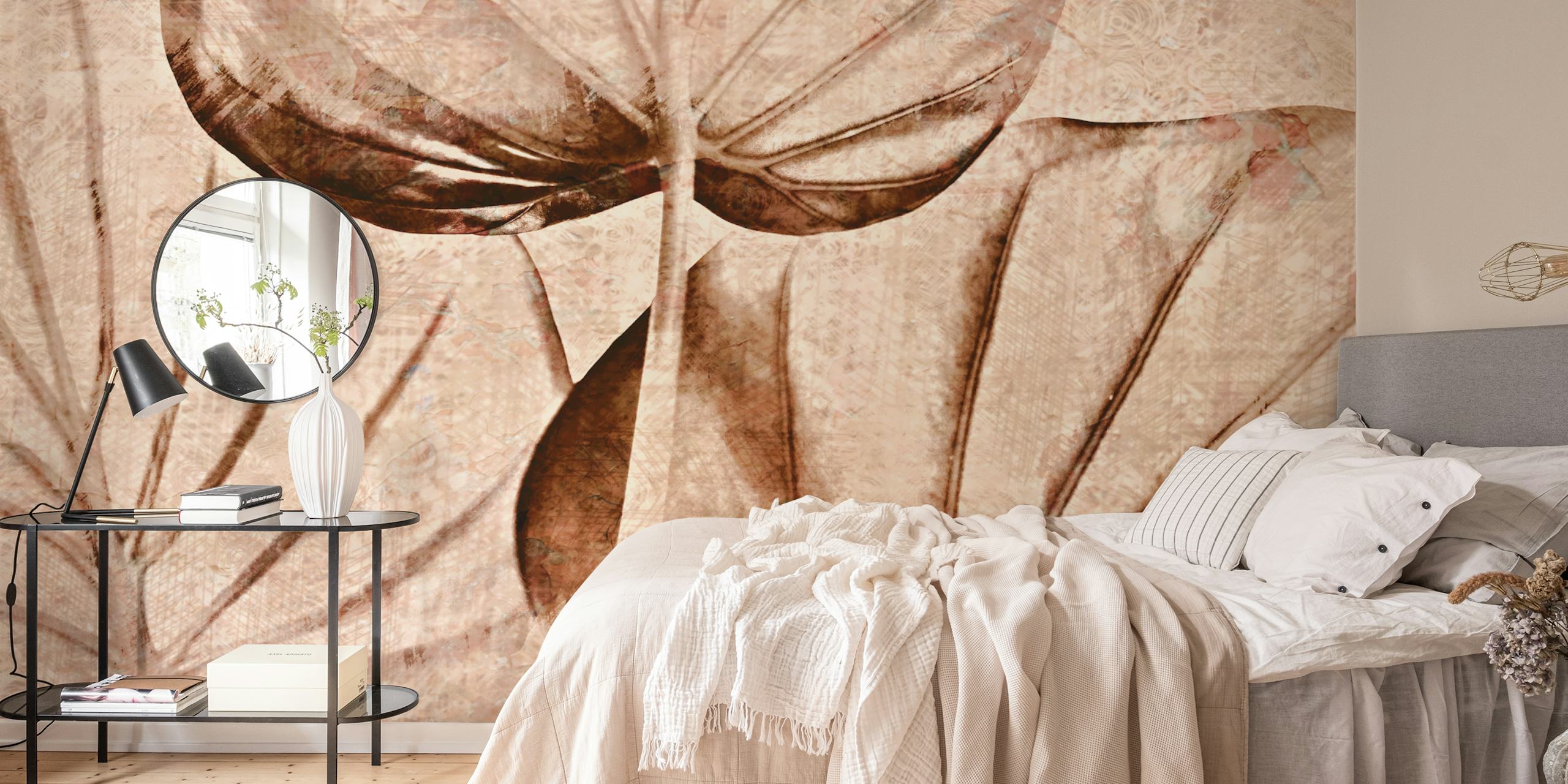 Neutral Japan Leaves wall mural with subtle earth-toned foliage