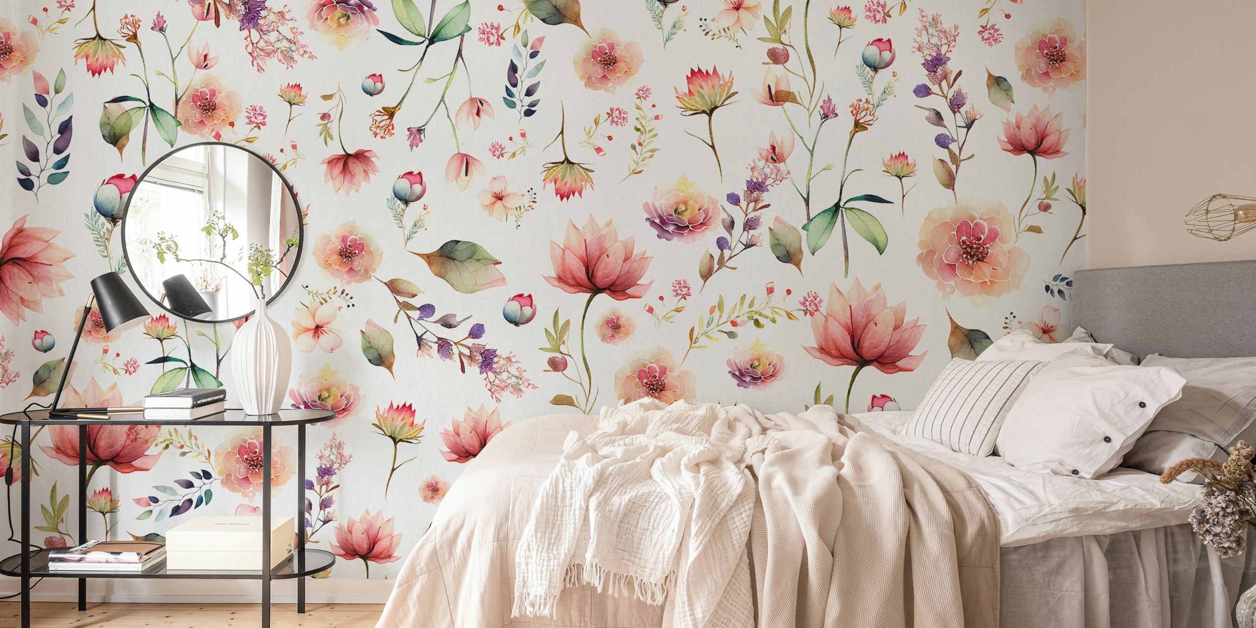Pink floral patterns on a white background wallpaper