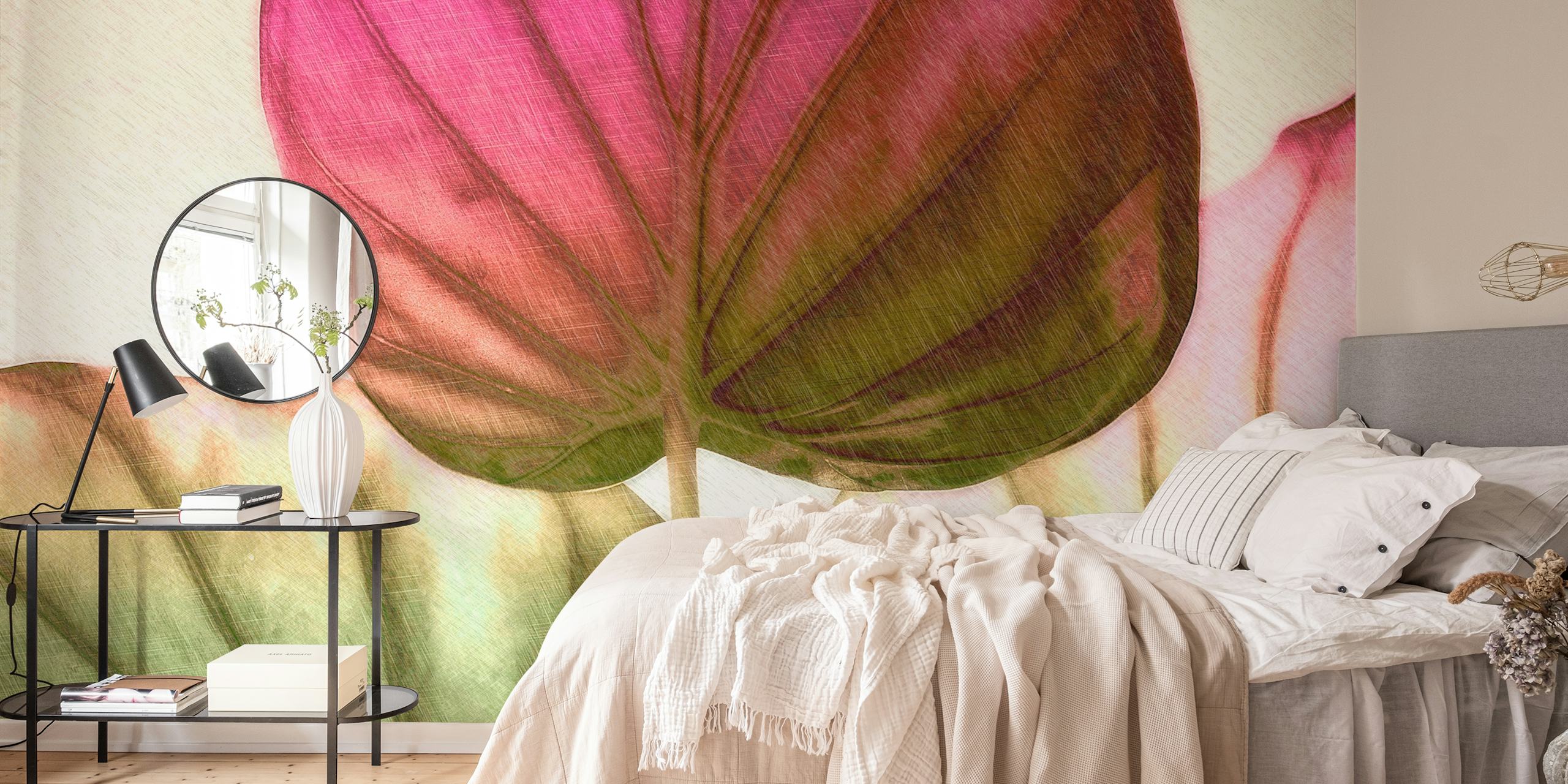 Mural de parede Japandi Leaf Magenta Green Ombre com padrão de folha em close e gradiente de cor