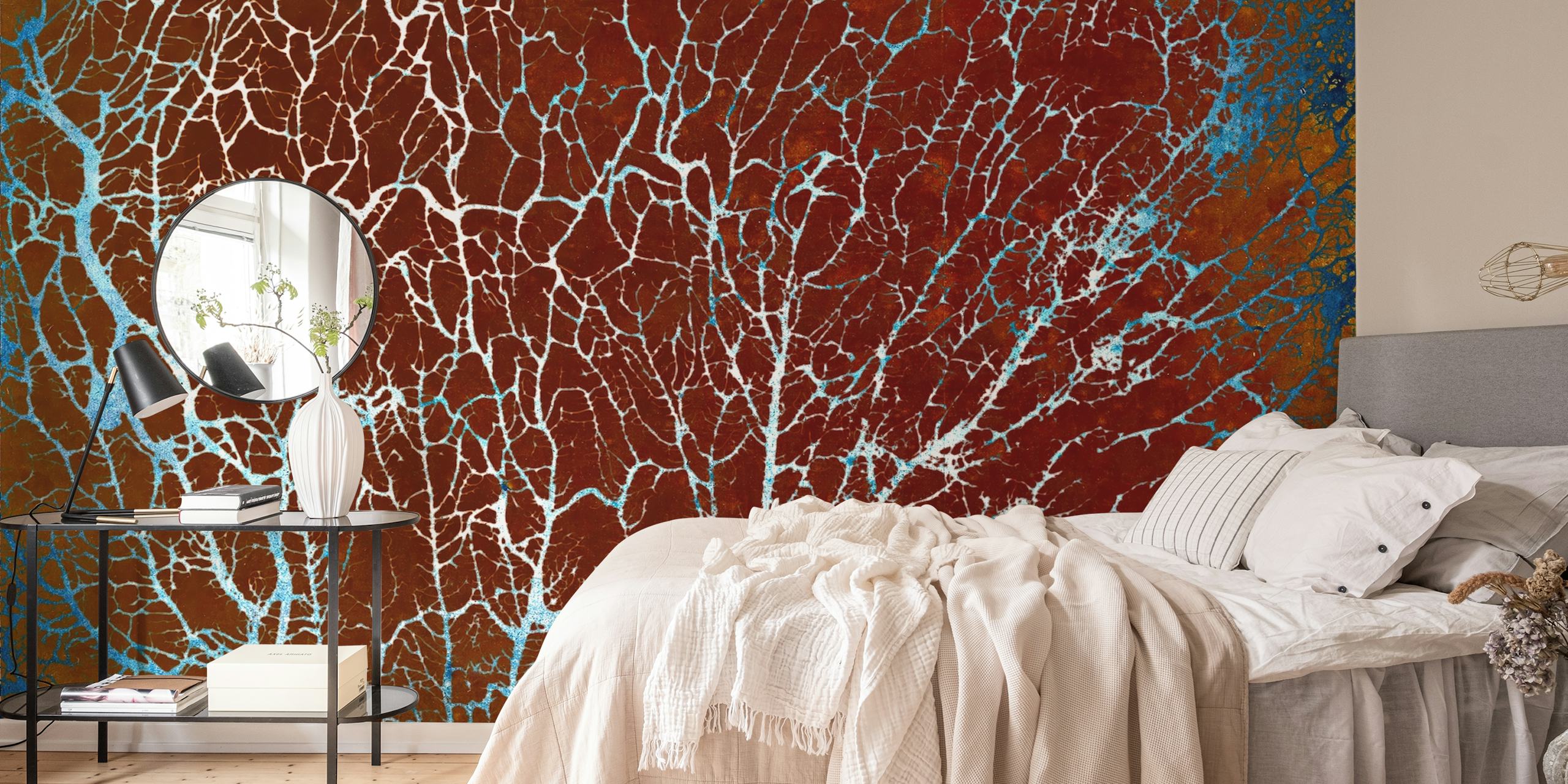 Abstract branches on a rust background with blue accents wallpaper