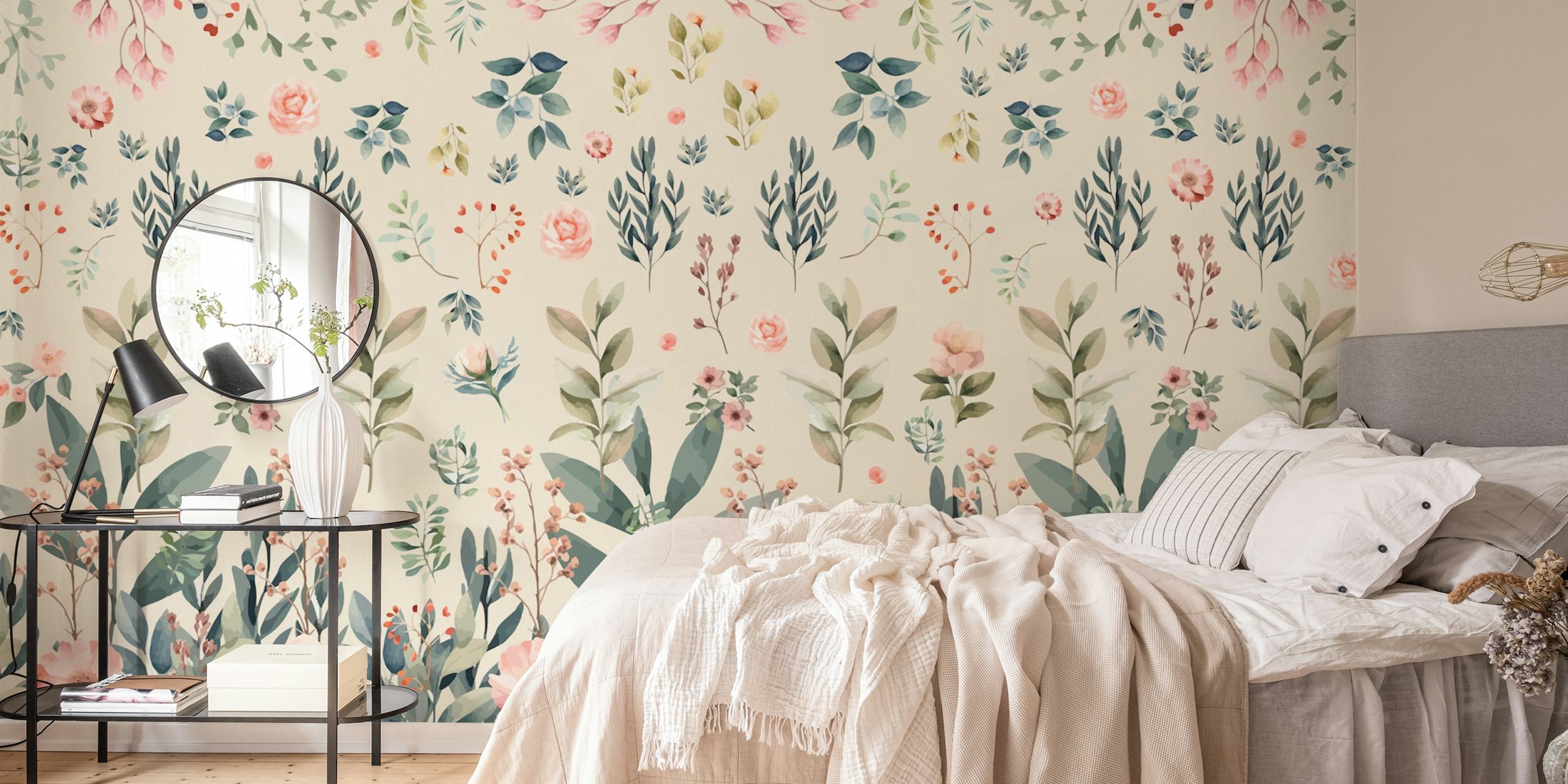 Nudekleurige bloemenmuurschildering met zacht getinte bloemen voor interieur