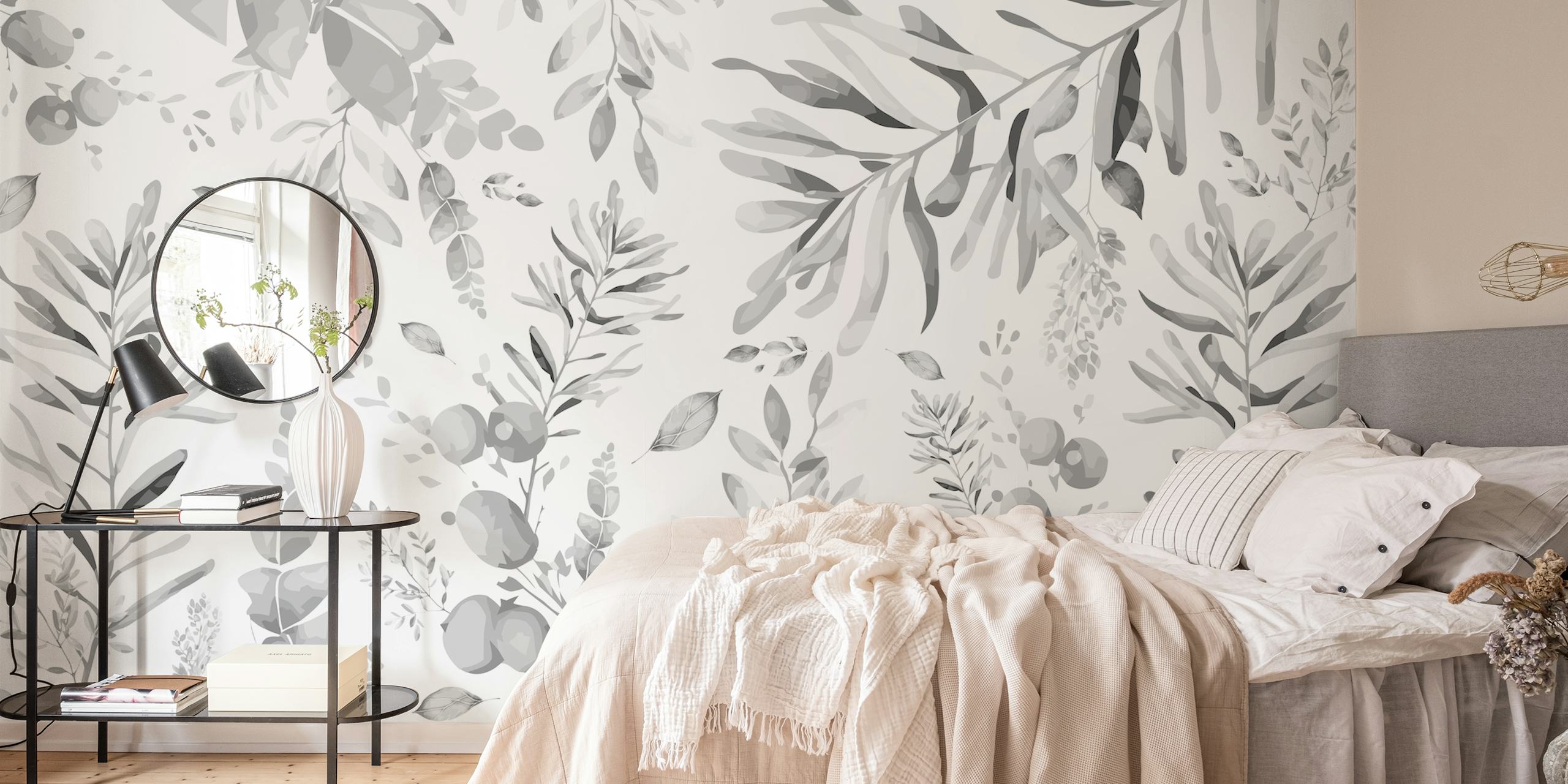 Black and white botanic leafs wall mural displaying a variety of foliage illustrations