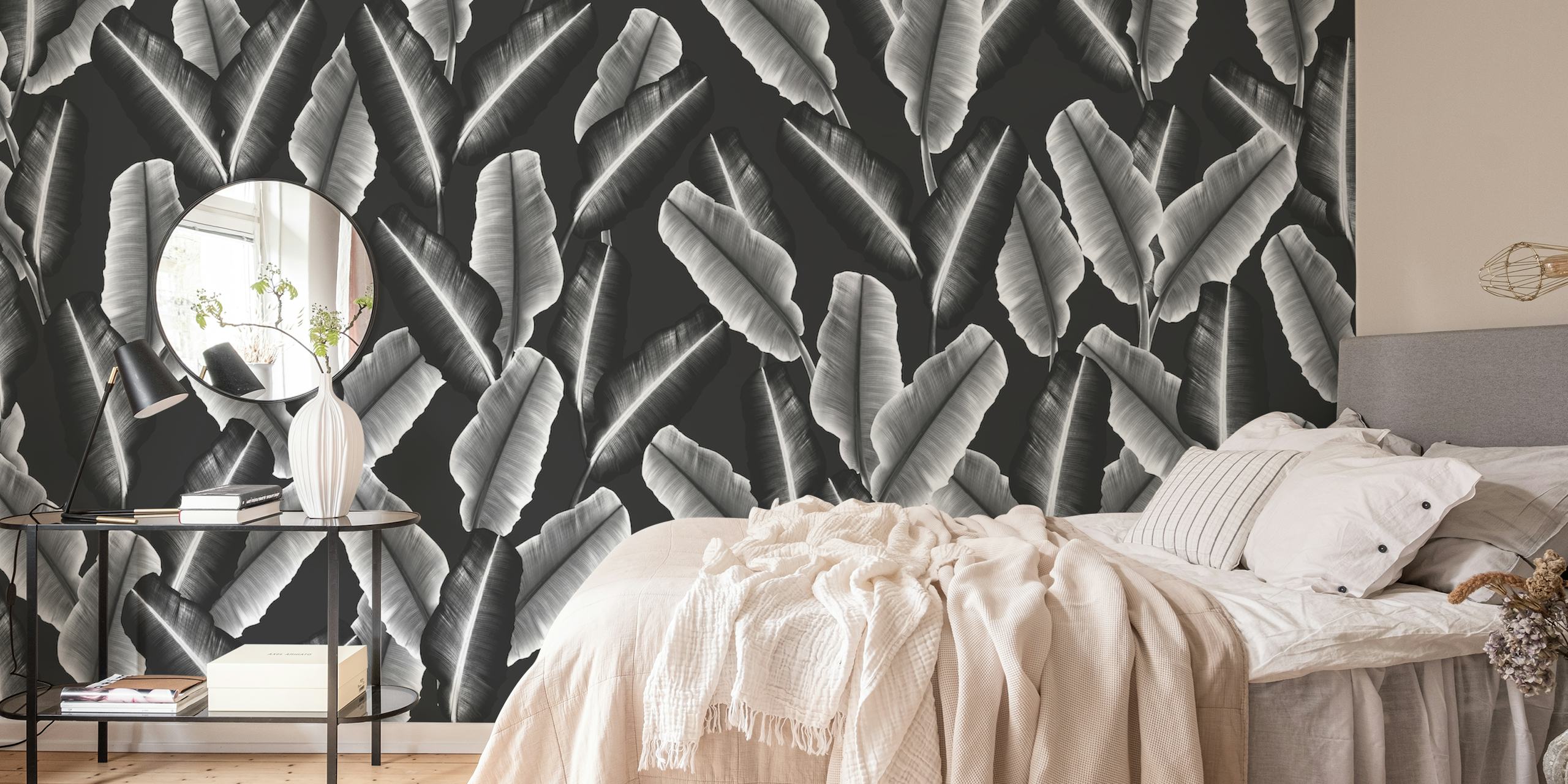 Tropical banana leaves pattern wallpaper in a room