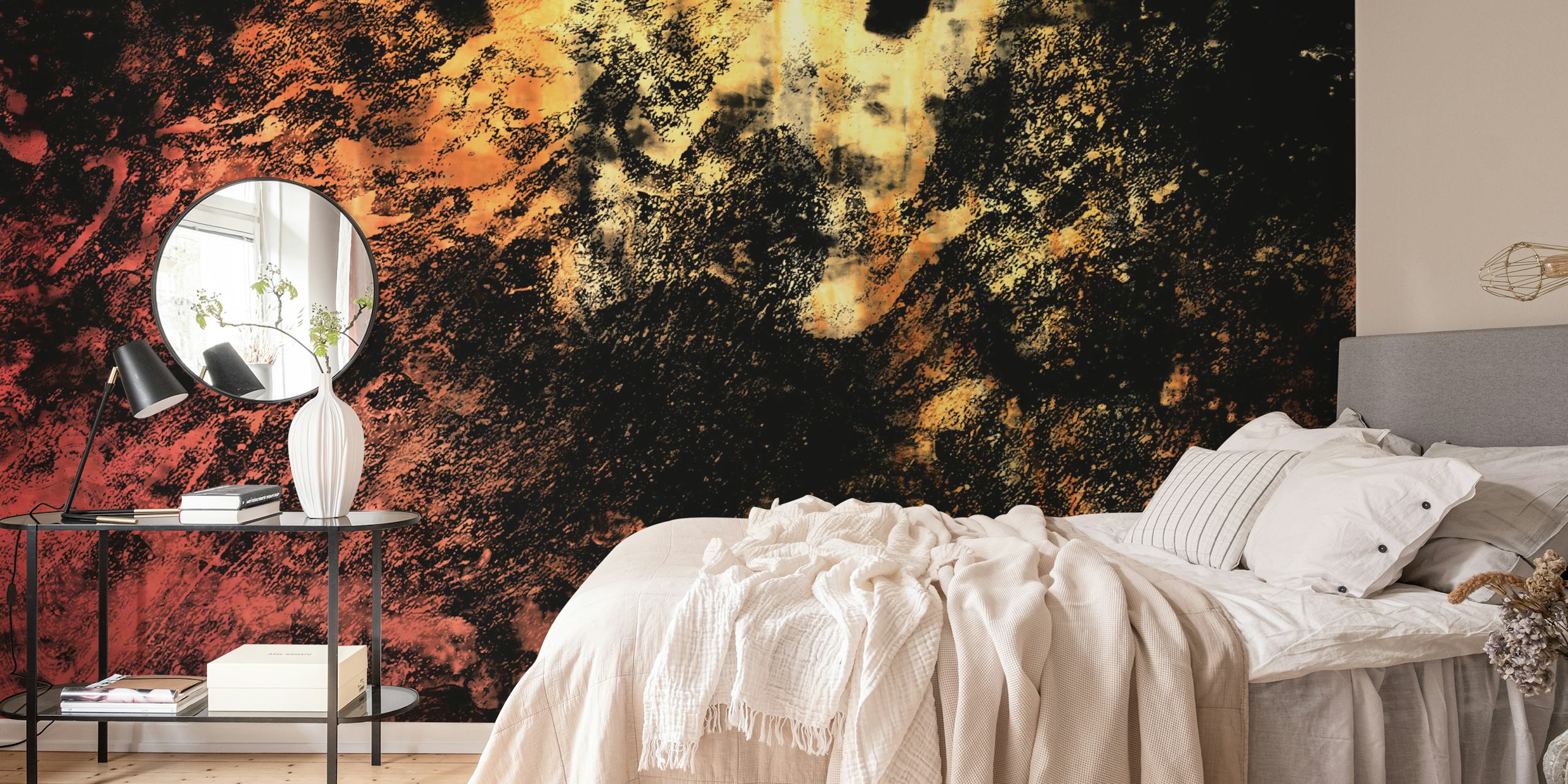 Abstract patterns in black and orange with white accents wallpaper