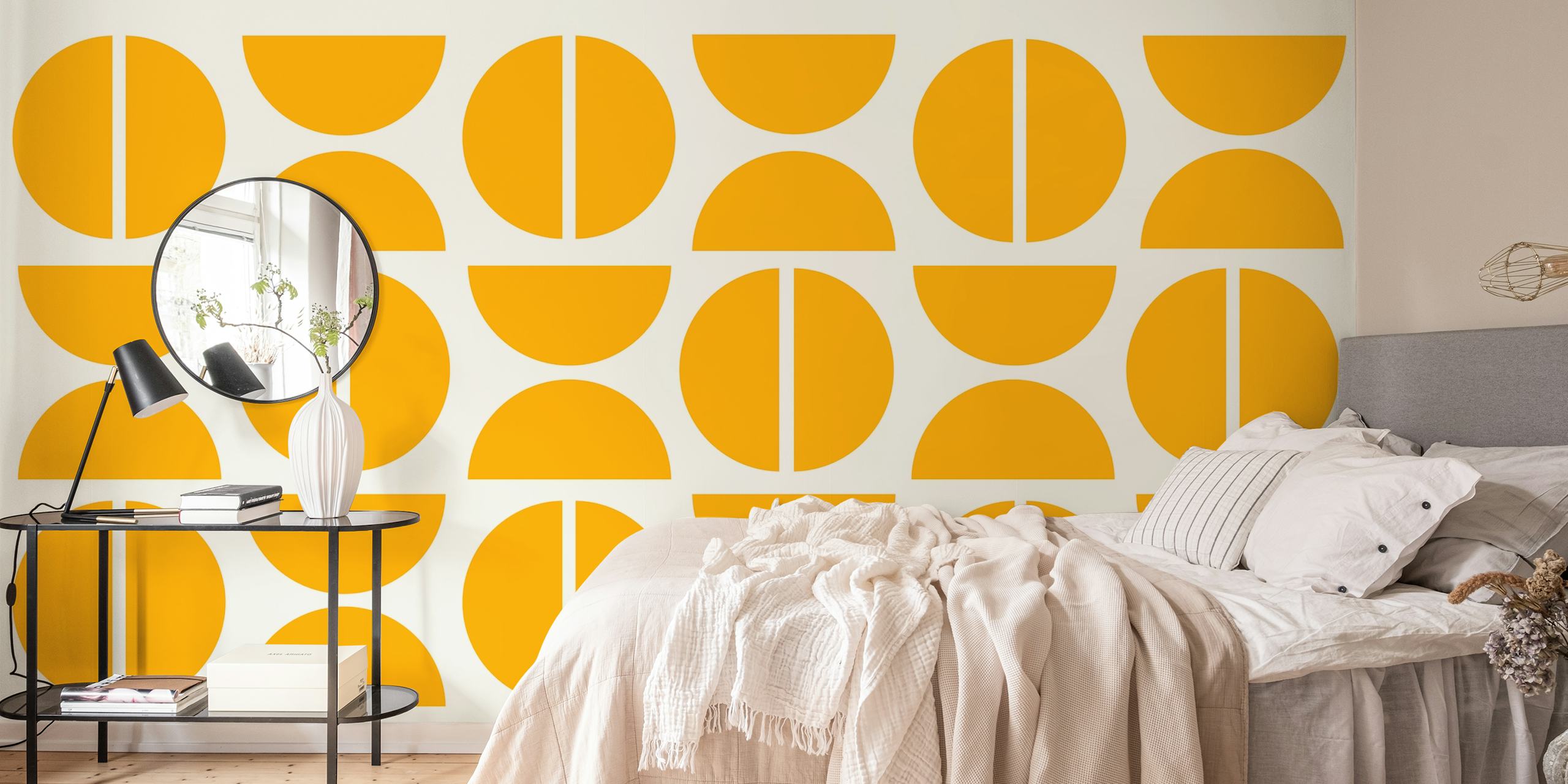 Golden Bauhaus geometric pattern wall mural with circles and lines