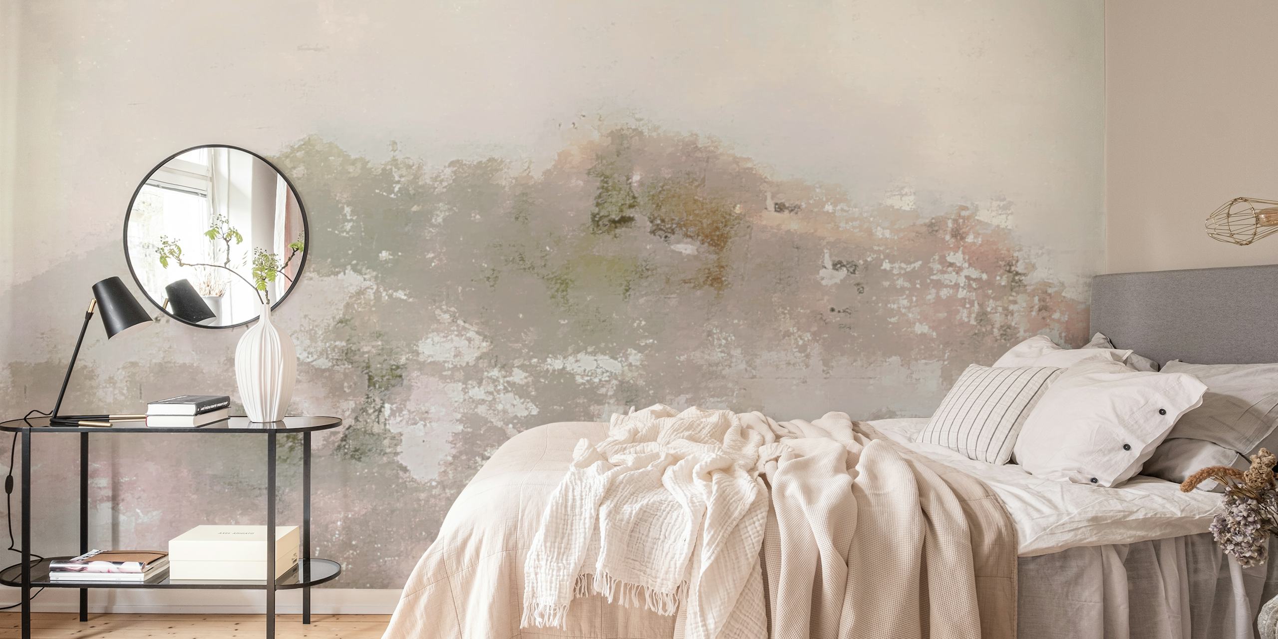 Neutral wallpaper design in a room setting