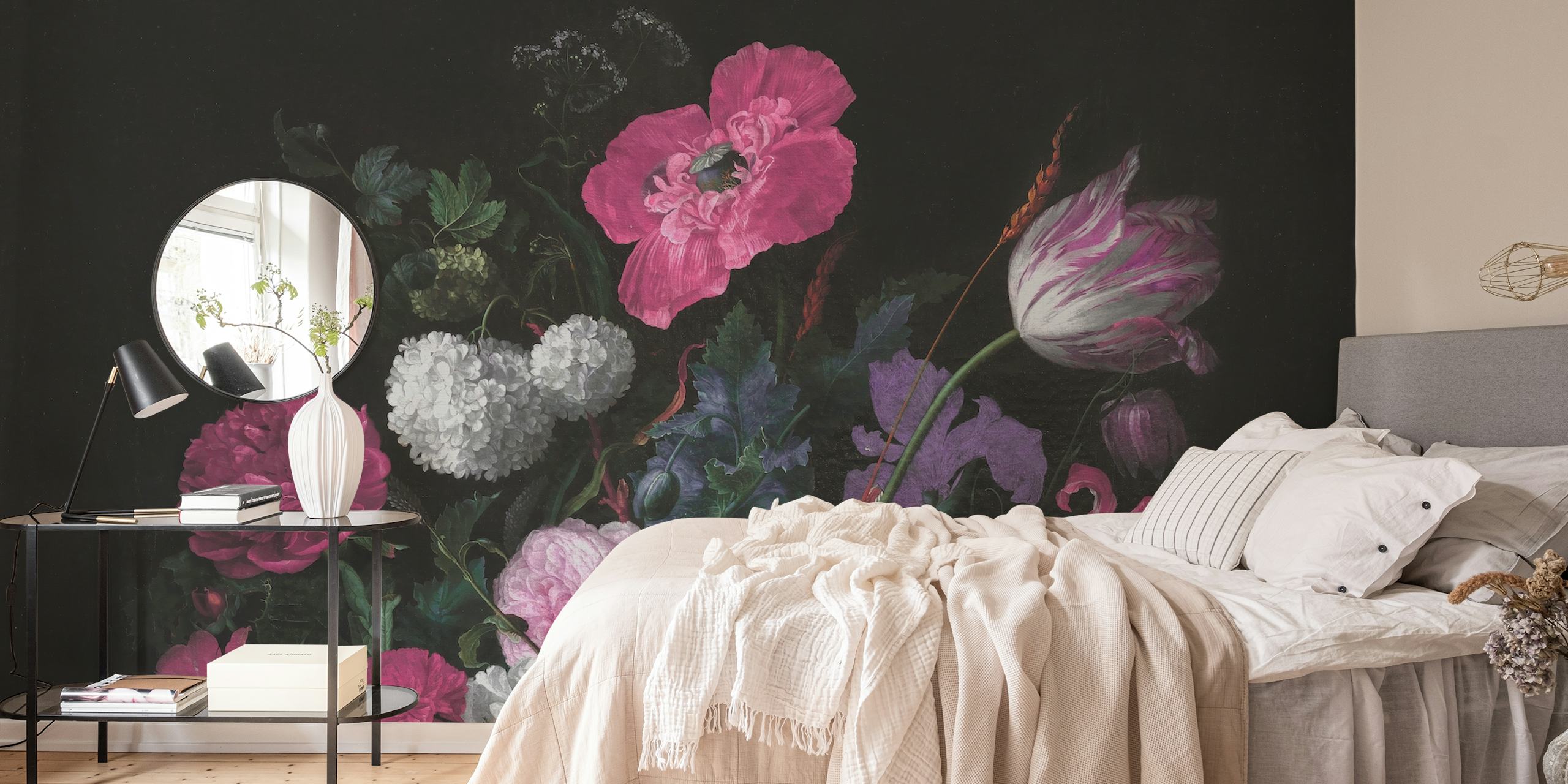 Dark and moody floral wallpaper featuring pink flowers on a black background
