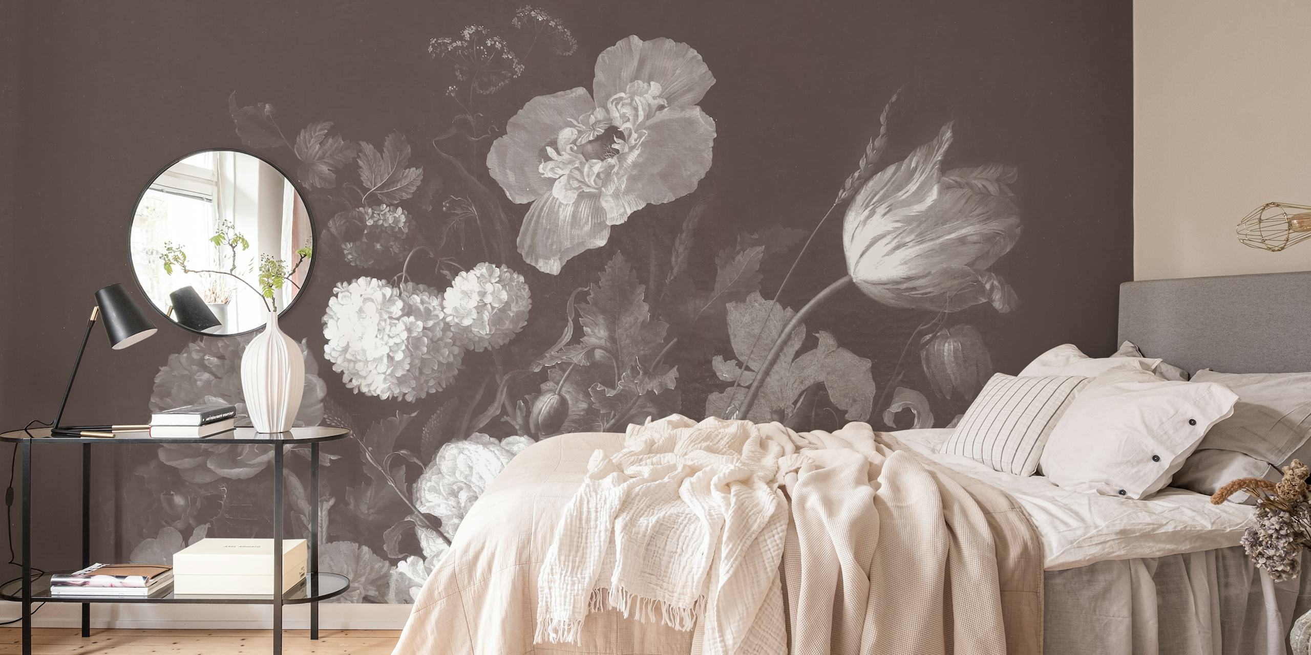 Moody monochrome floral wallpaper in a room