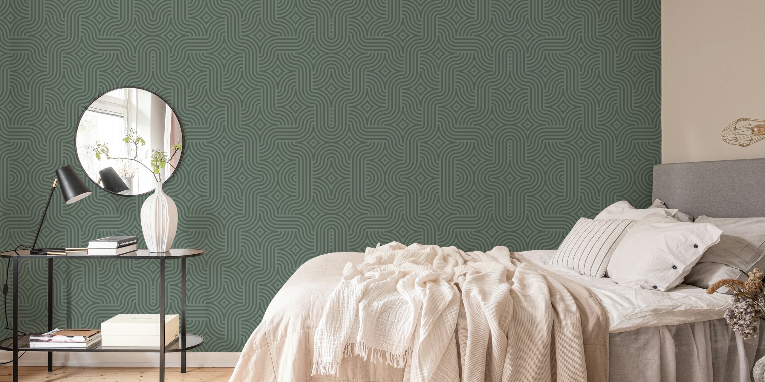 Geometric green pattern wallpaper in boho style