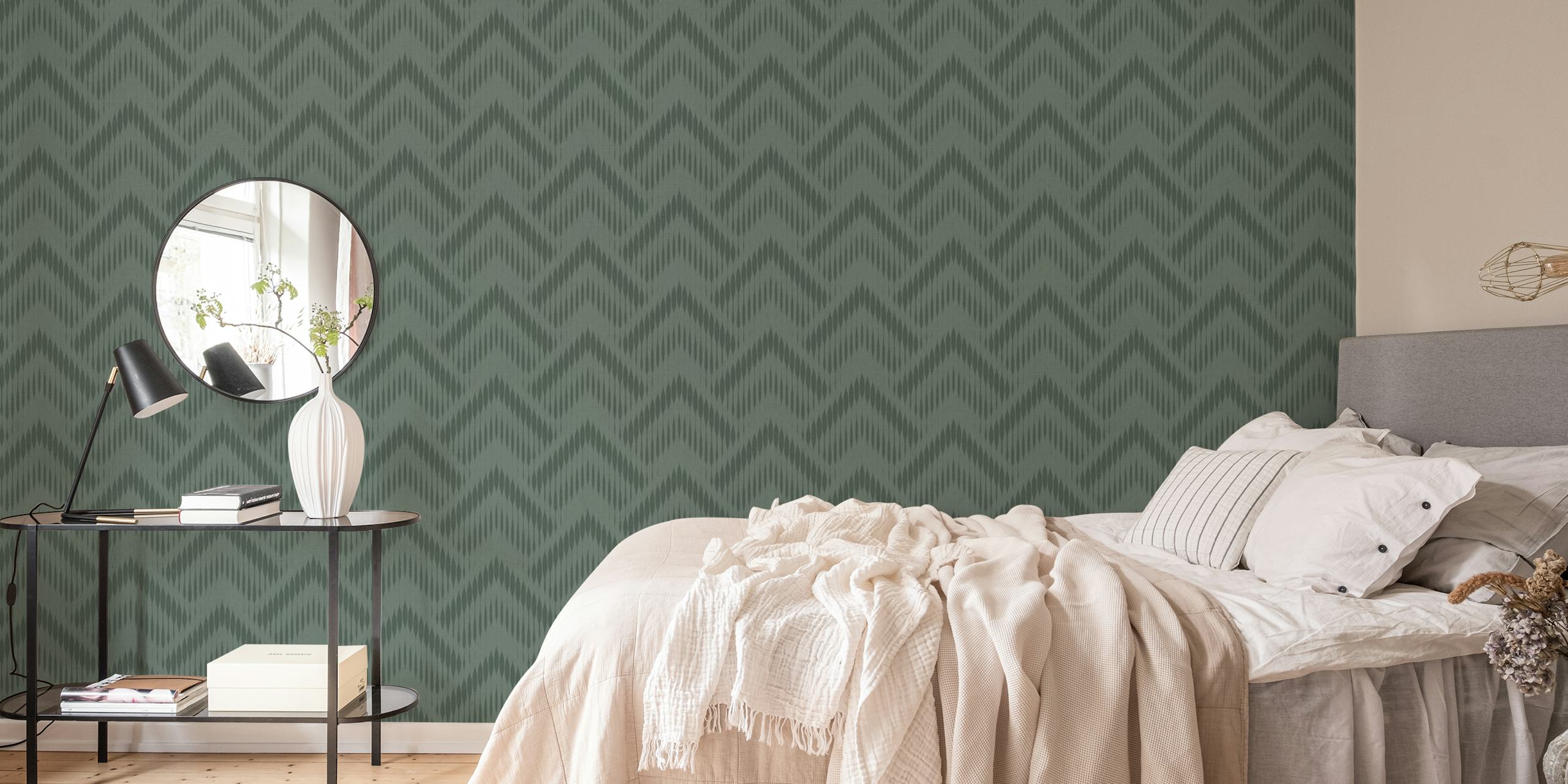 Boho geometrico green wallpaper in a room