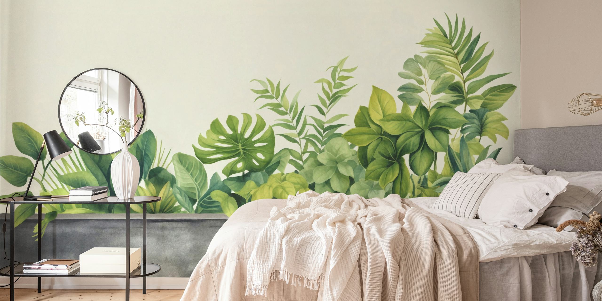 Urban Gardening Tropical Green Watercolor wall mural with lush foliage over grey background