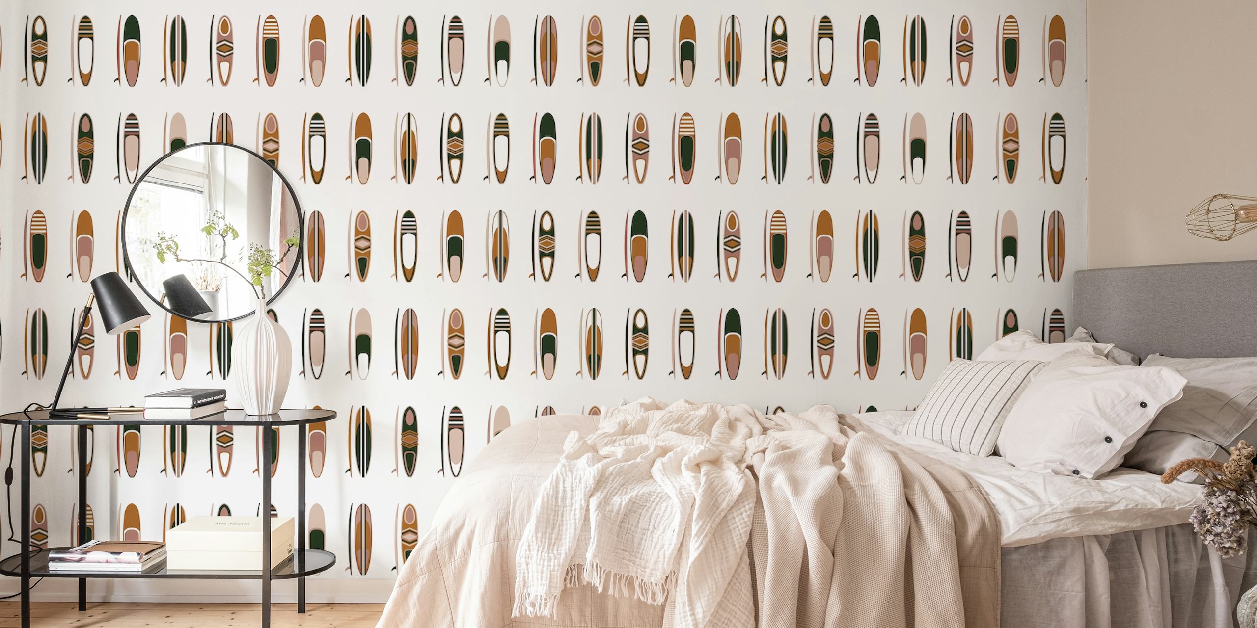 Tropical wallpaper featuring various surfboards in brown, green, and beige on a white background.